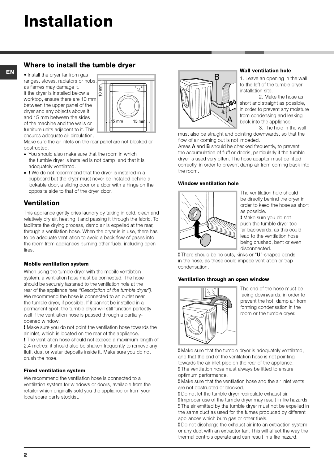 Indesit IDV 65 S instruction manual Installation, Where to install the tumble dryer, Ventilation 