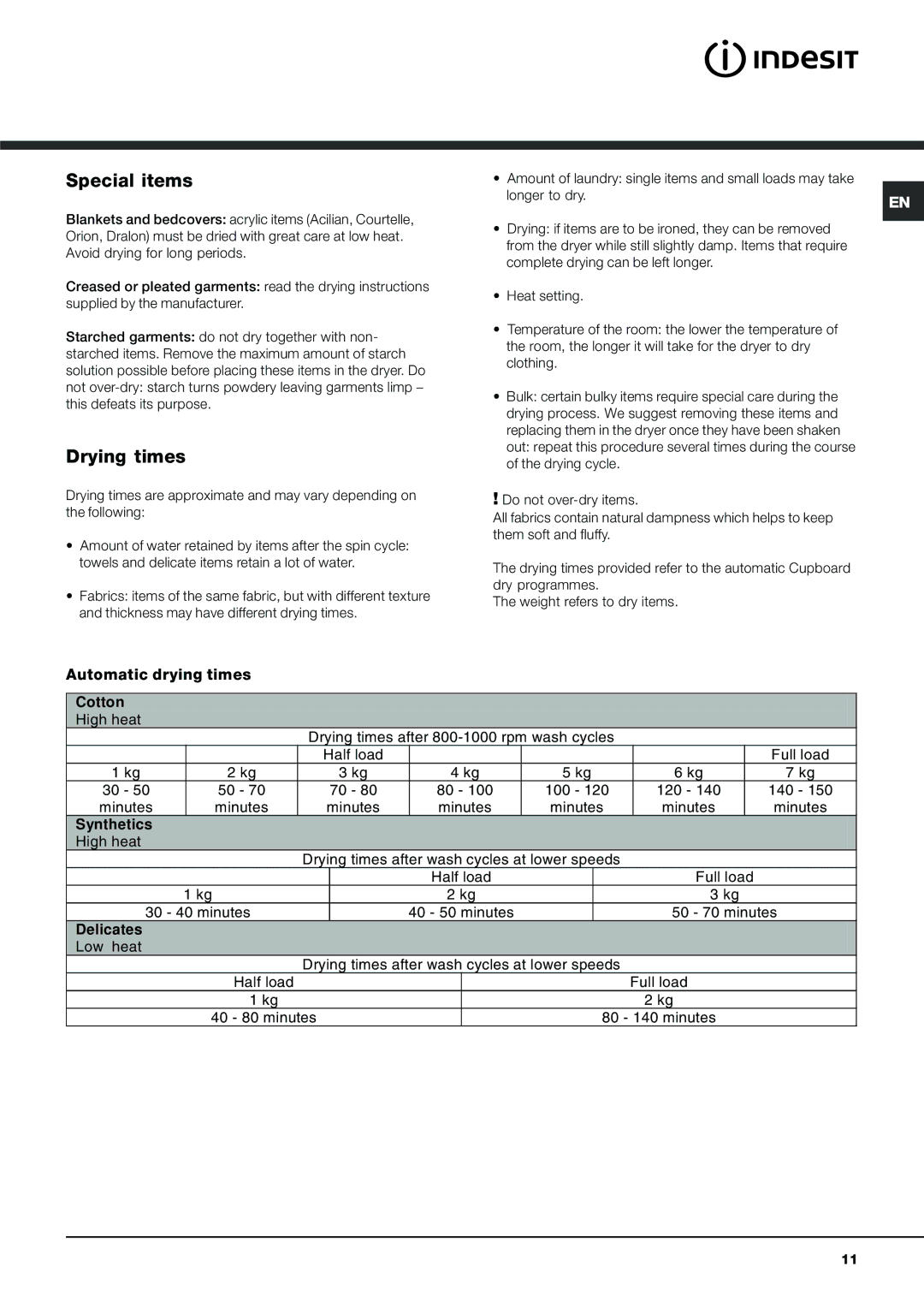 Indesit IDVA 735 S instruction manual Special items, Drying times, Automatic drying times 