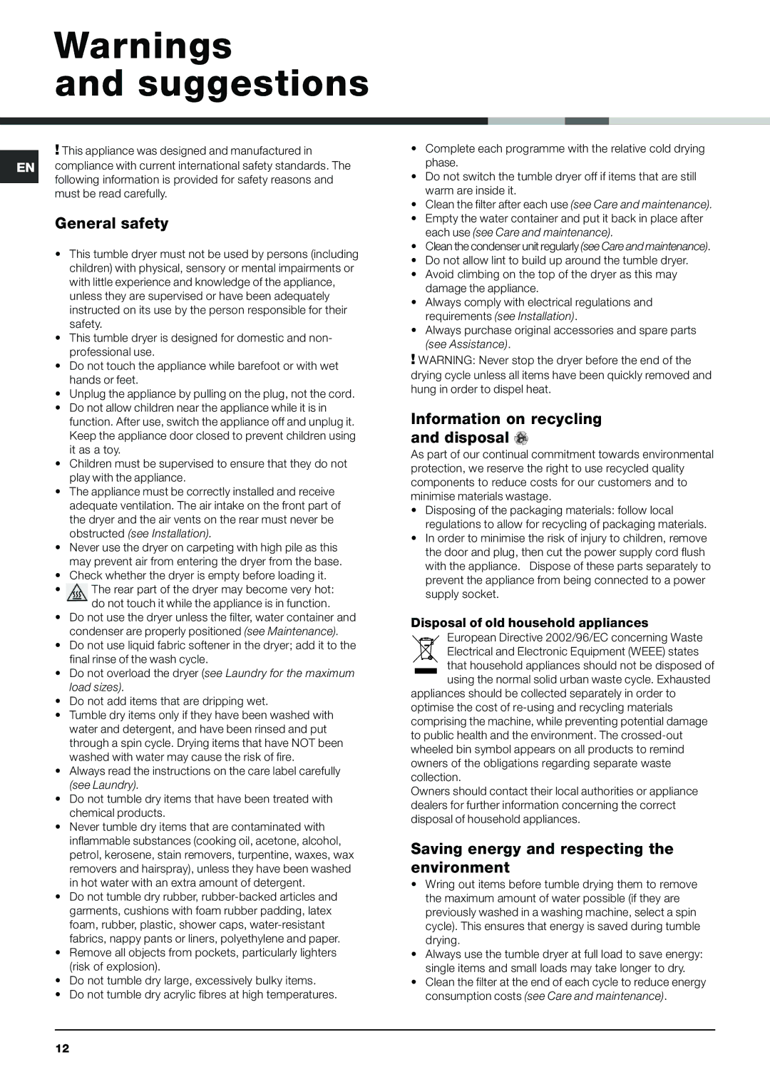 Indesit IDVA 735 Suggestions, General safety, Information on recycling and disposal, Disposal of old household appliances 