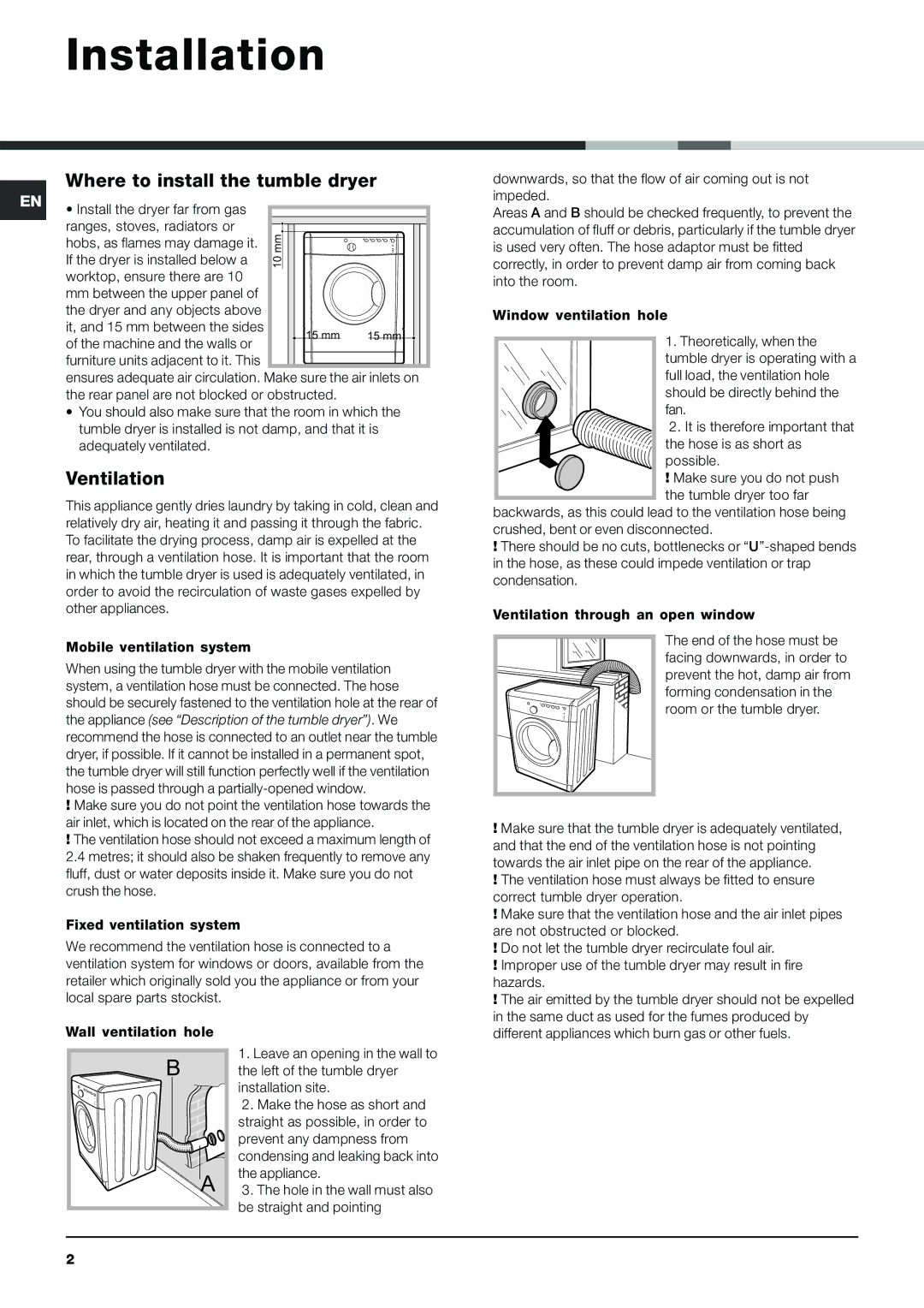 Indesit IDVA 735 S instruction manual Installation, Where to install the tumble dryer, Ventilation 