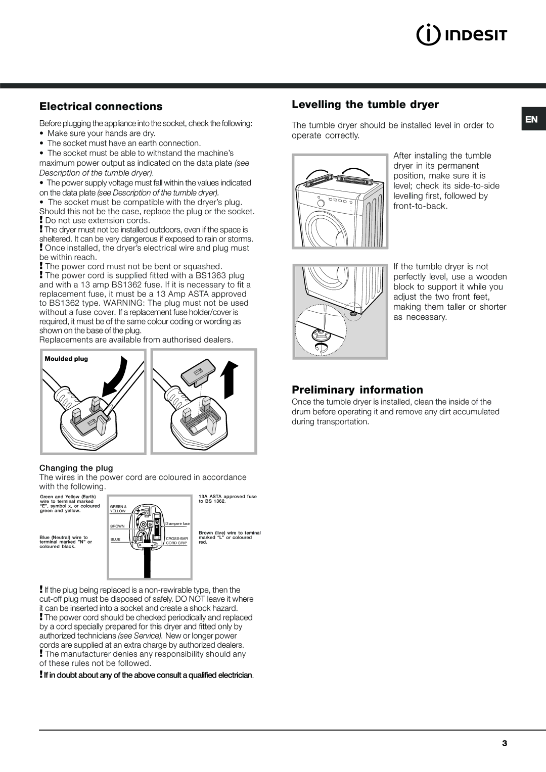 Indesit IDVA 735 S instruction manual Electrical connections, Levelling the tumble dryer, Preliminary information 