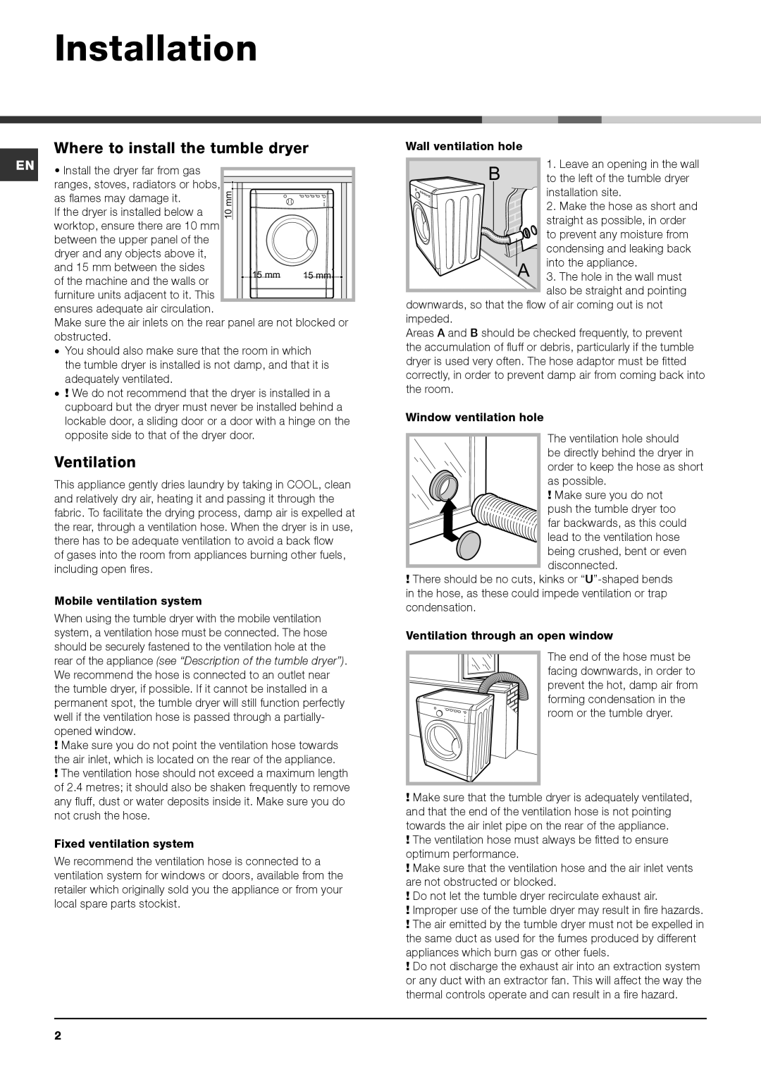 Indesit IDVA 735 S instruction manual Installation, Where to install the tumble dryer, Ventilation 