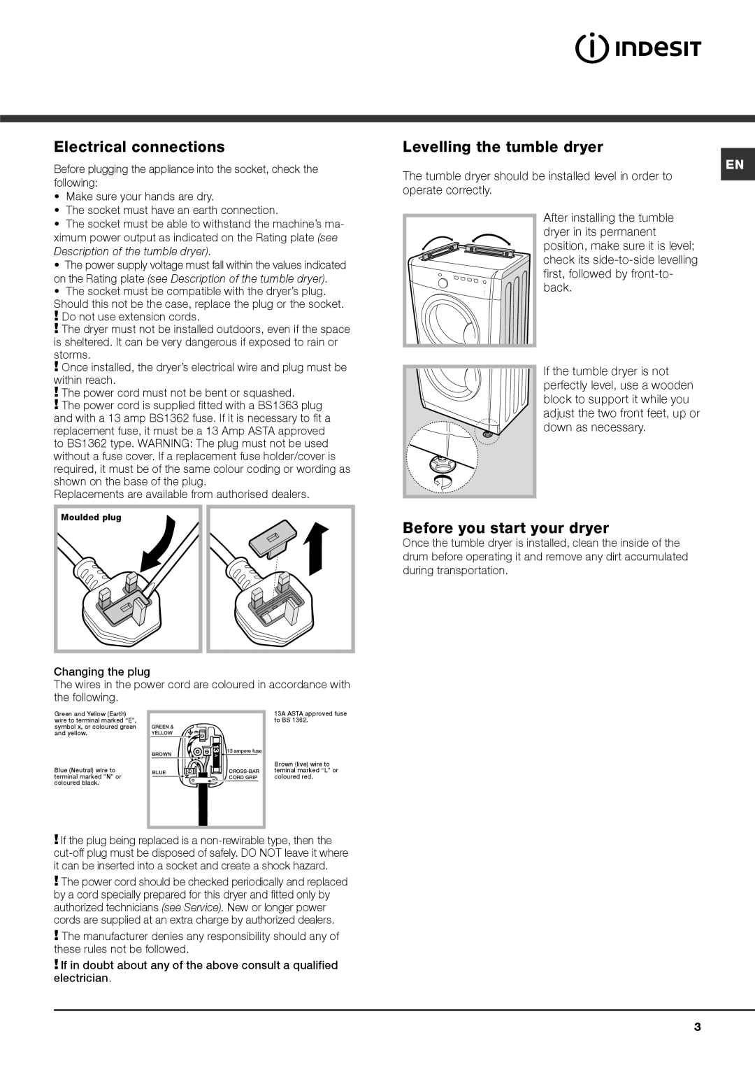 Indesit IDVA 735 S instruction manual Electrical connections, Levelling the tumble dryer, Before you start your dryer 