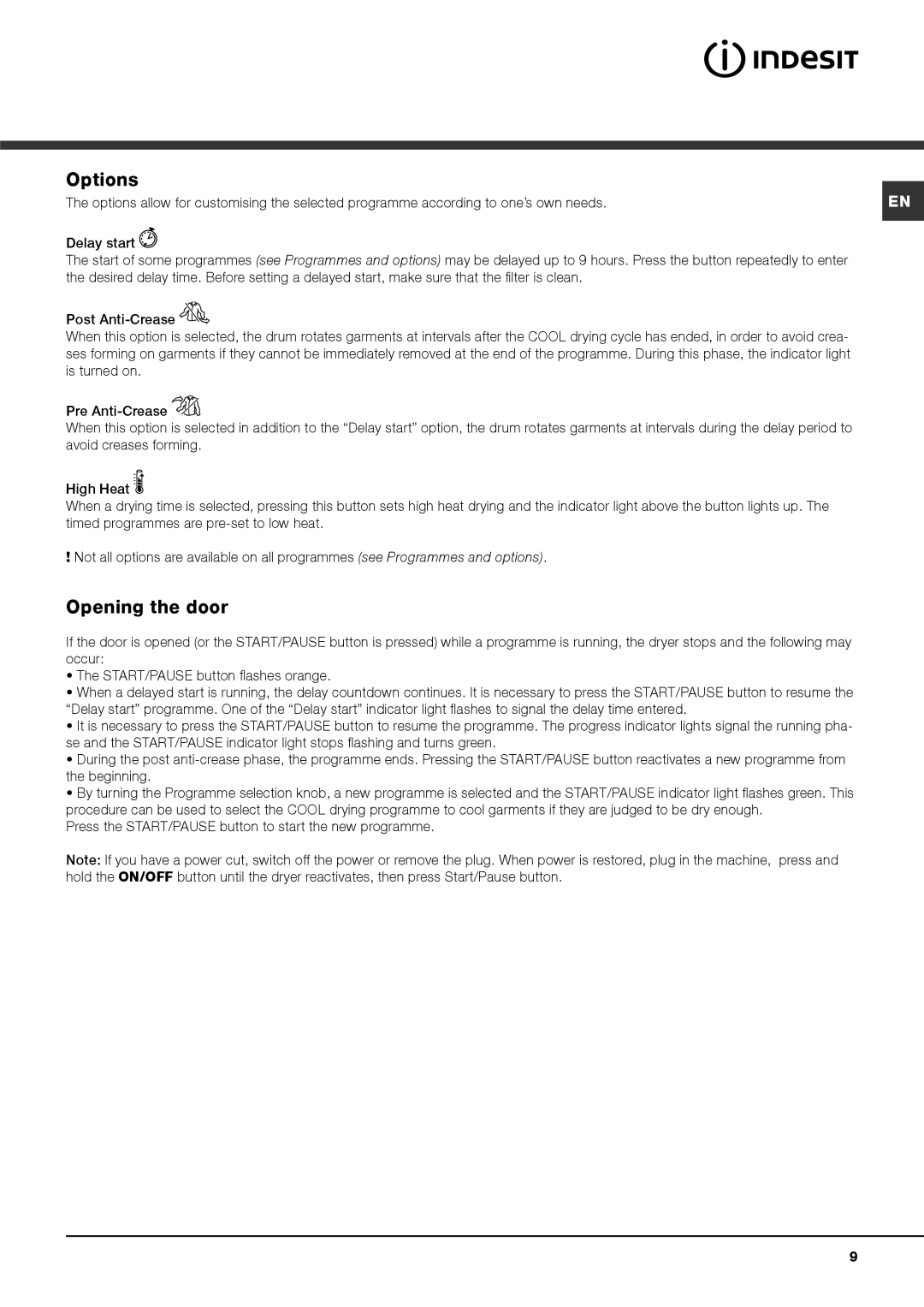 Indesit IDVA 735 S instruction manual Options, Opening the door 