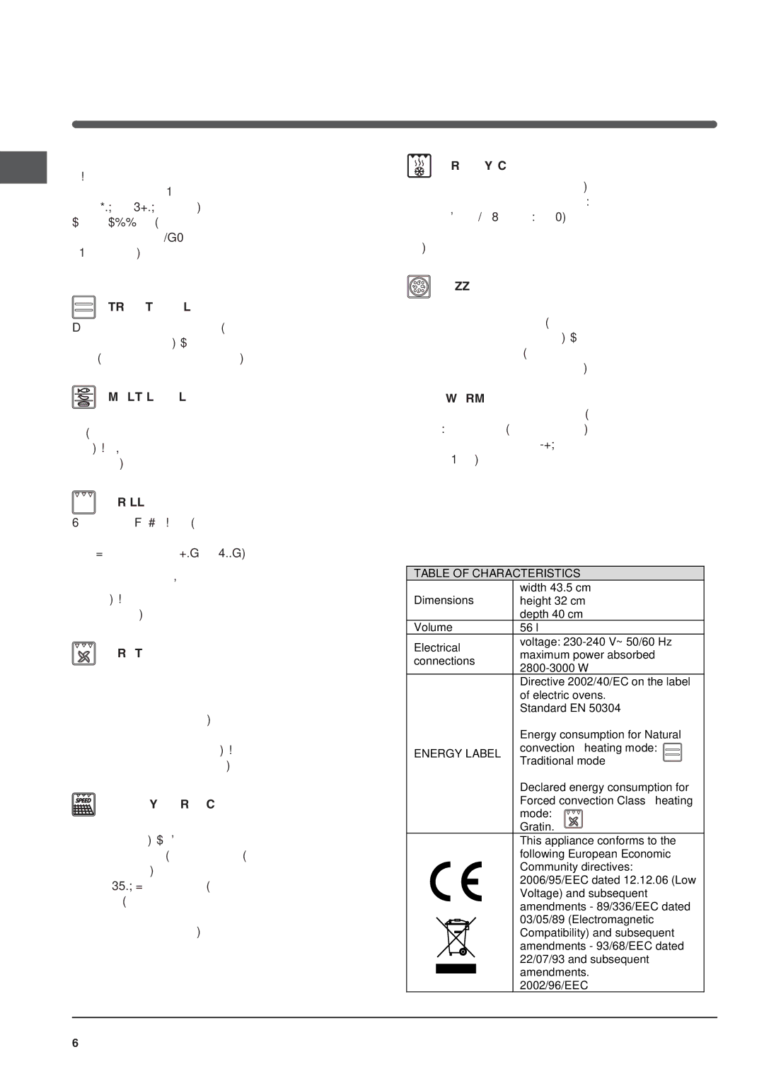 Indesit IF 89 K GP.A IX UK, IF 89 K GP.A UK operating instructions Cooking modes, Table of Characteristics 