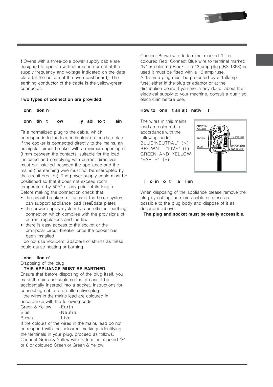 Indesit IF 89 K.A IX UK, IF 89 K.A UK operating instructions Electrical connection, Green and Yellow Earth E 