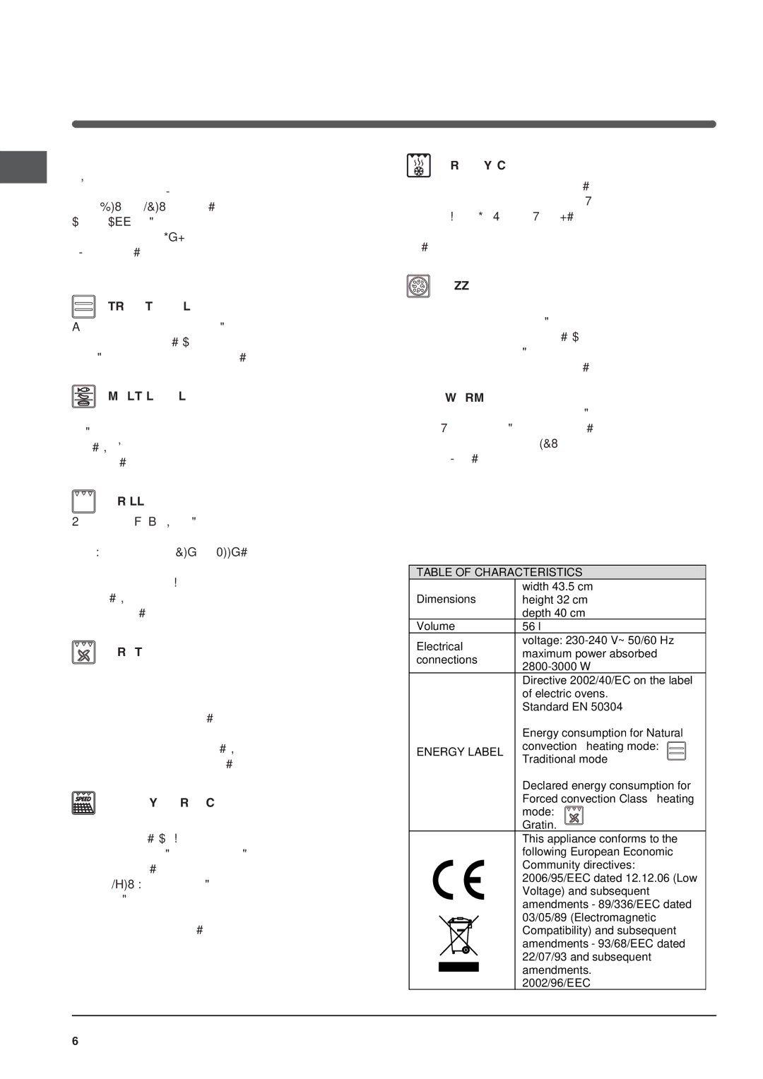 Indesit IF 89 K.A UK, IF 89 K.A IX UK operating instructions Cooking modes, Table of Characteristics 