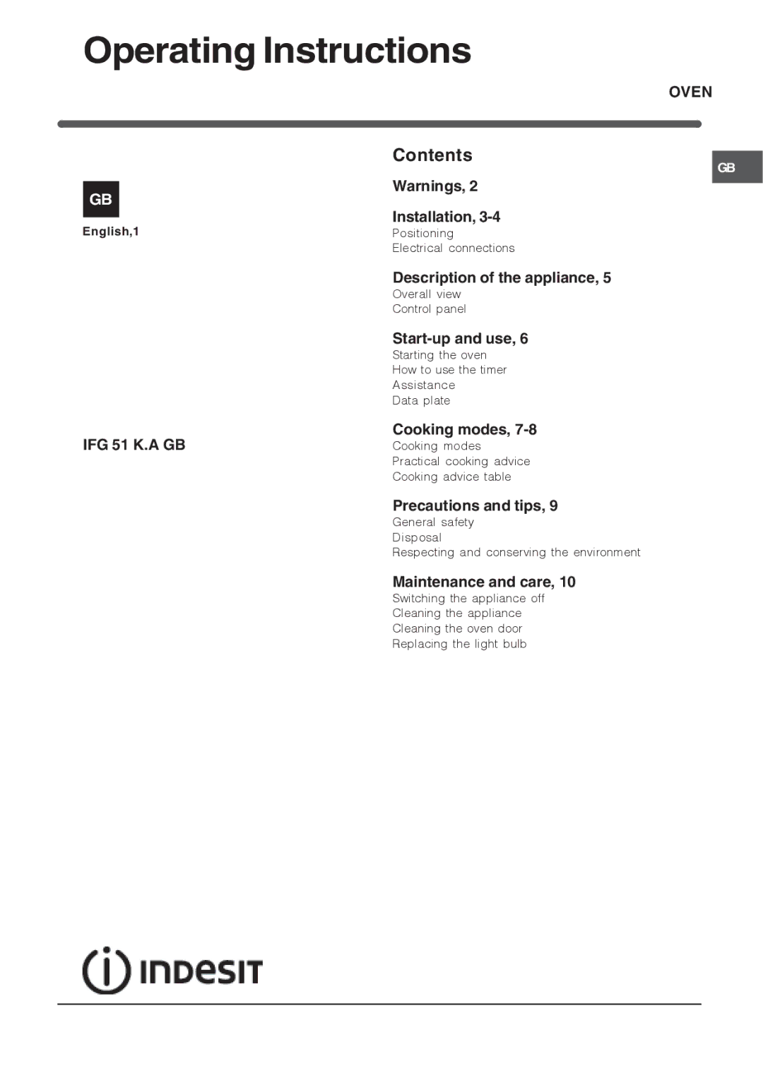 Indesit IFG operating instructions Operating Instructions, Contents 