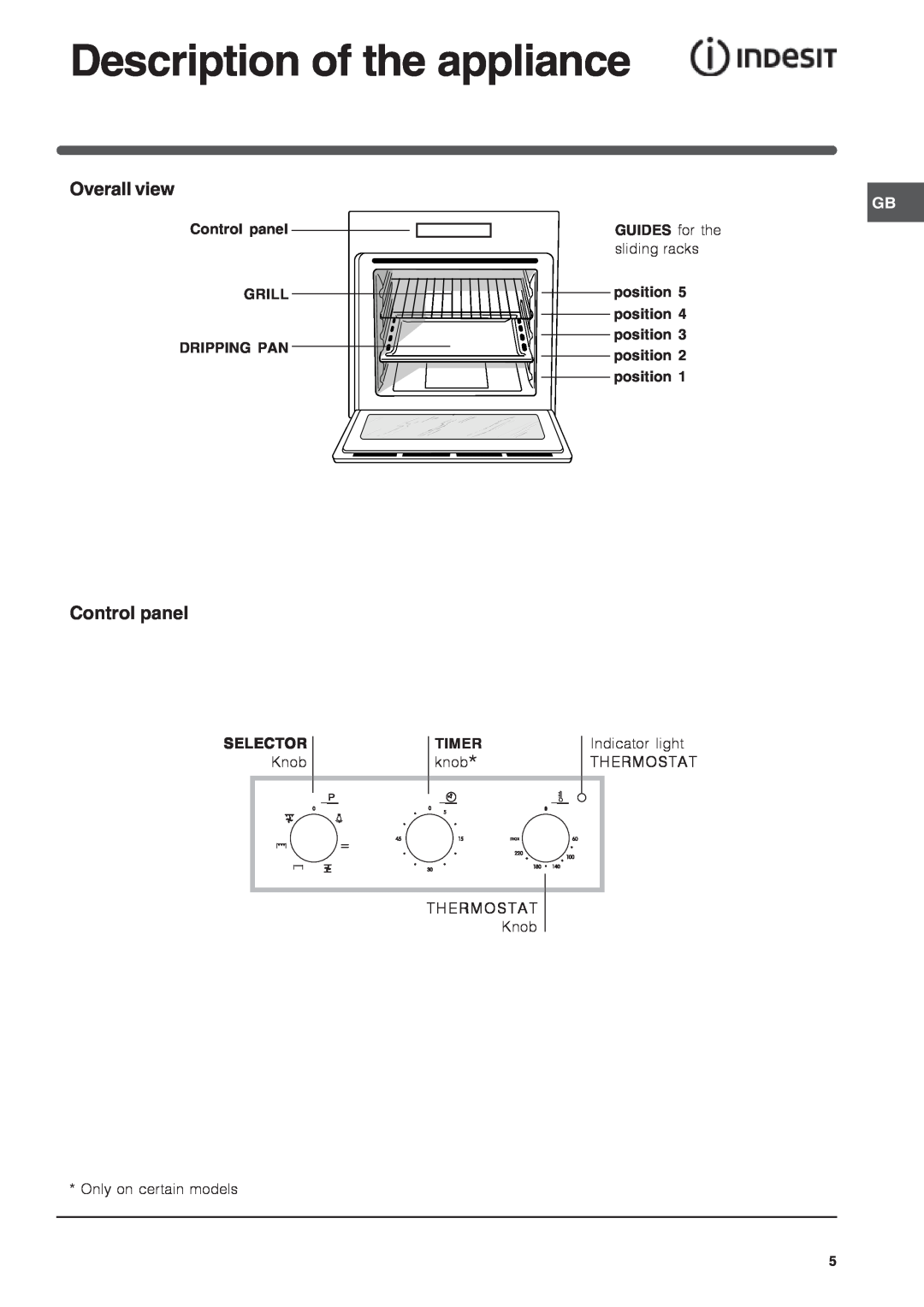 Indesit IFG Description of the appliance, Overall view, Control panel GRILL DRIPPING PAN, Selector, Timer, Thermostat 