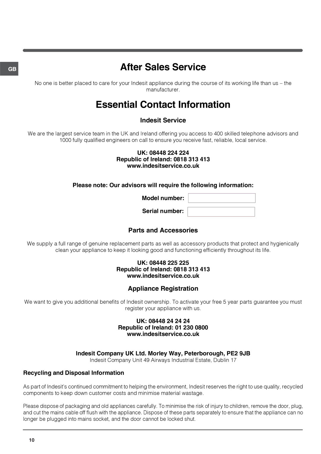 Indesit IN C 325 AI, IN C 325AA operating instructions After Sales Service 