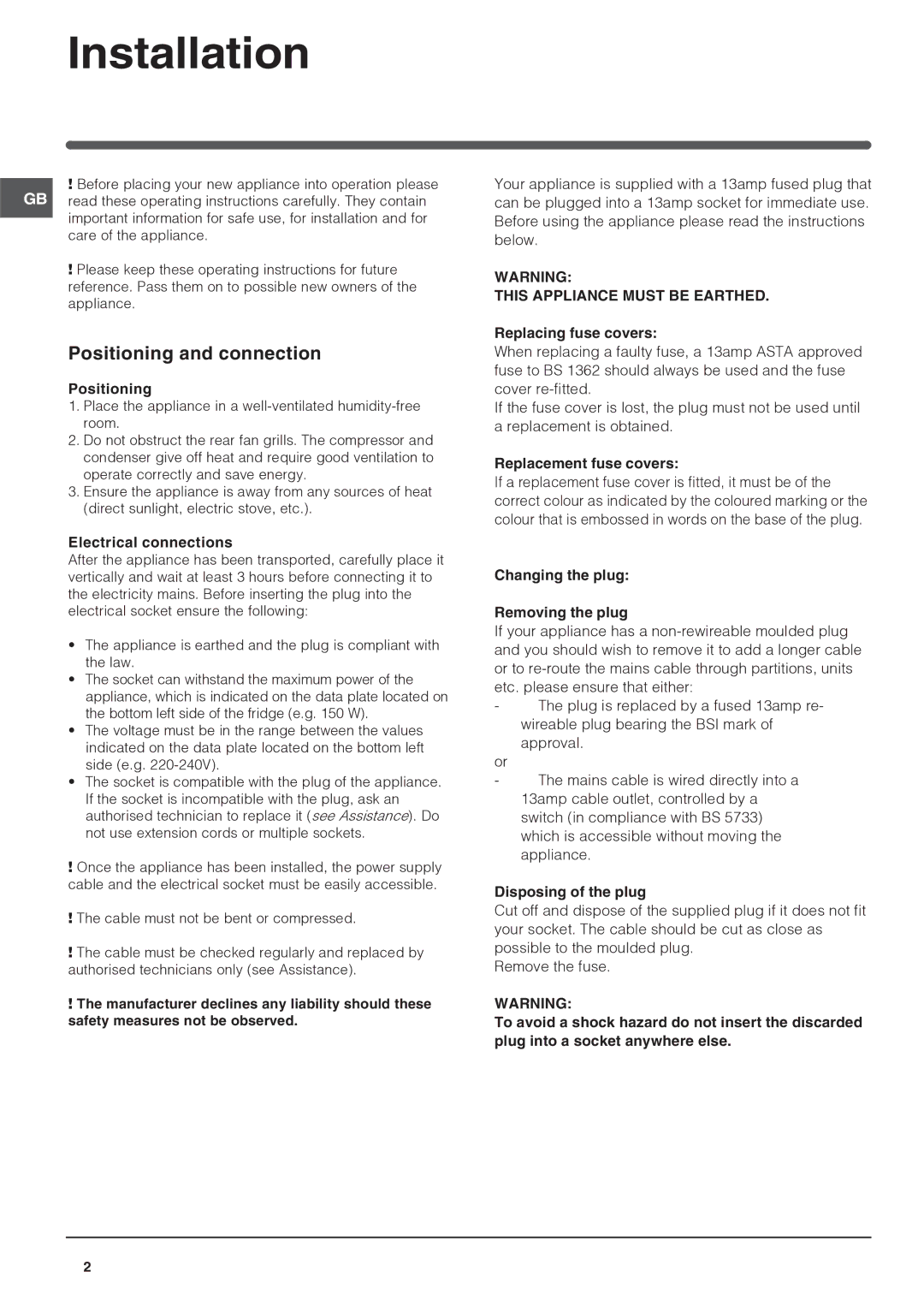 Indesit IN C 325 AI, IN C 325AA operating instructions Installation, Positioning and connection 