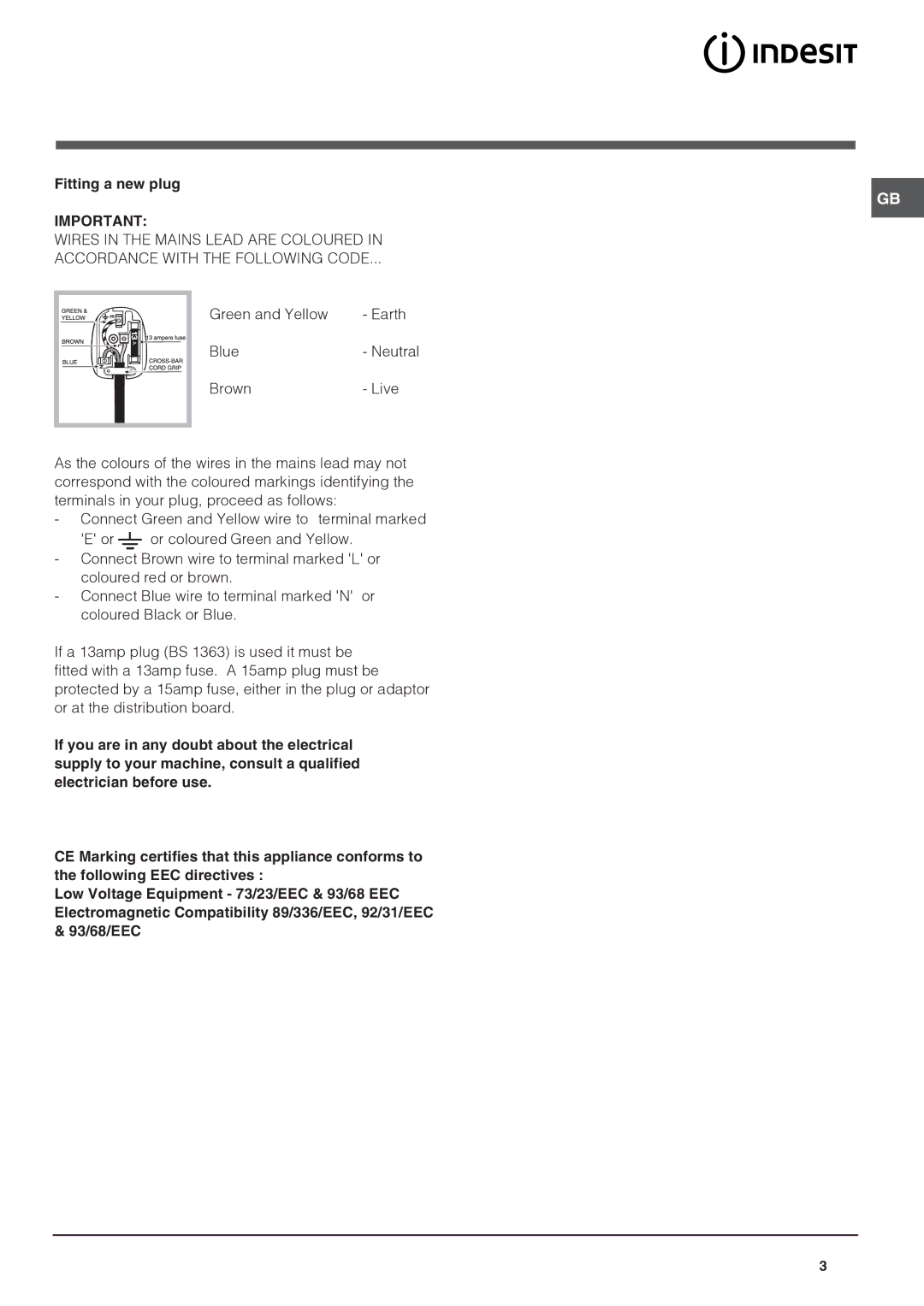 Indesit IN C 325AA, IN C 325 AI operating instructions Fitting a new plug 