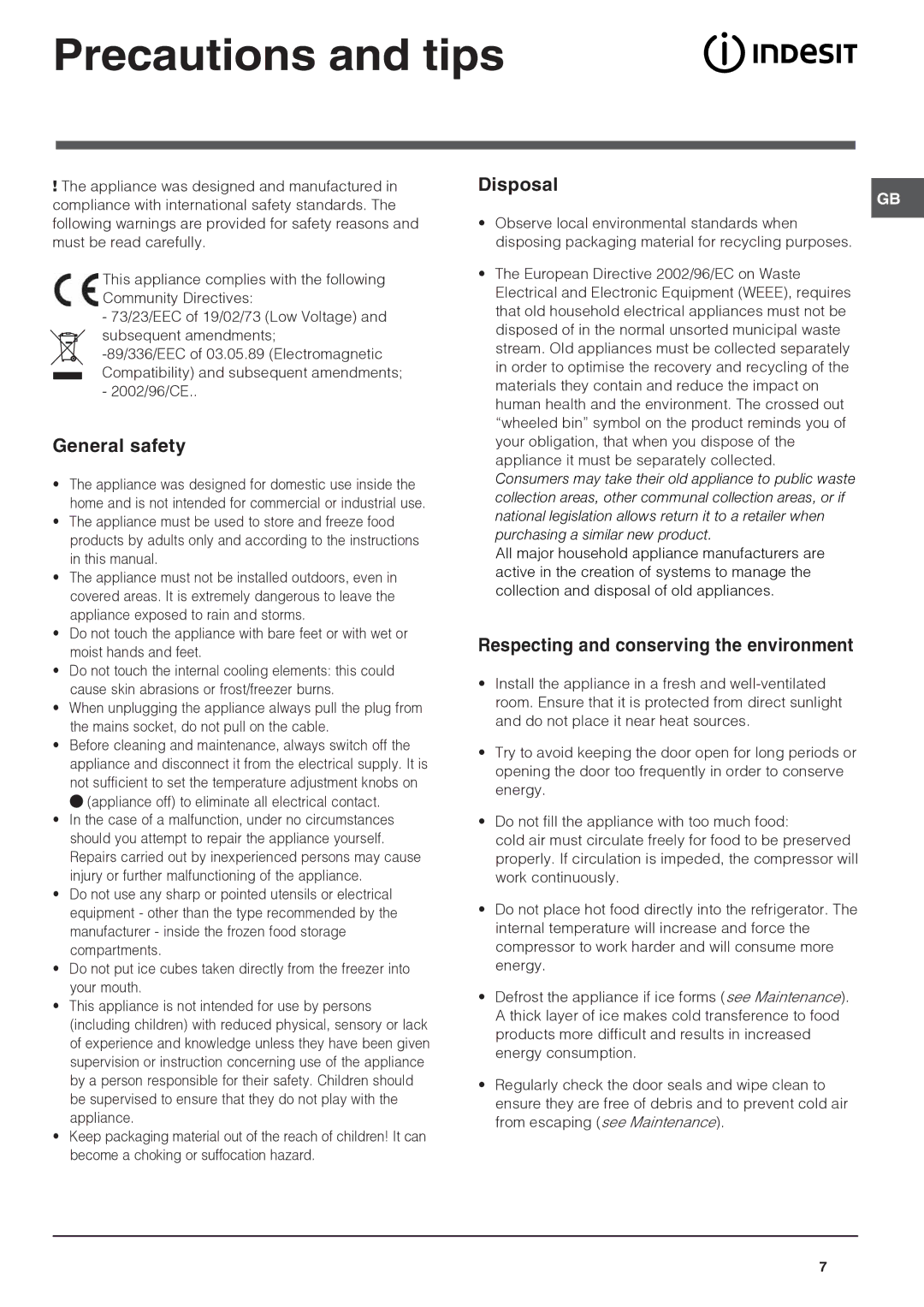 Indesit IN C 325AA, IN C 325 AI Precautions and tips, General safety, Disposal, Respecting and conserving the environment 