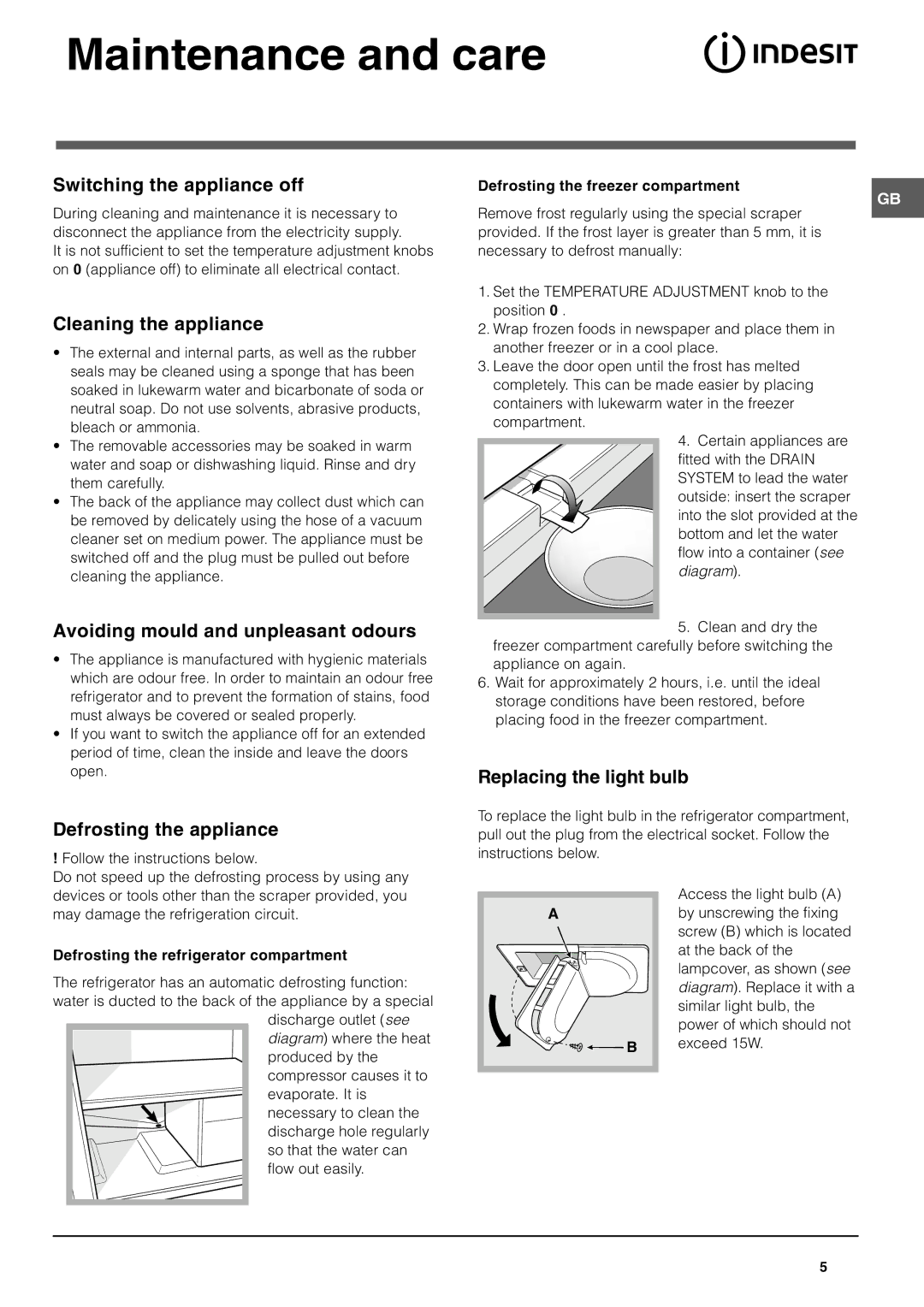 Indesit IN CB 310 UK operating instructions Maintenance and care 