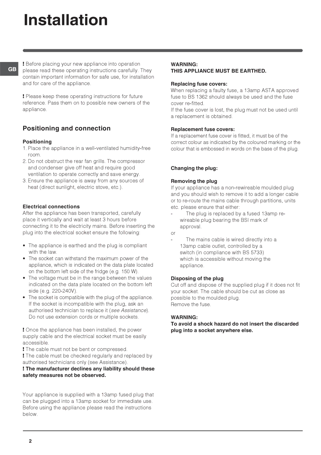 Indesit IN CB 320 I, IN CB 320 A I manual Installation, Positioning and connection 