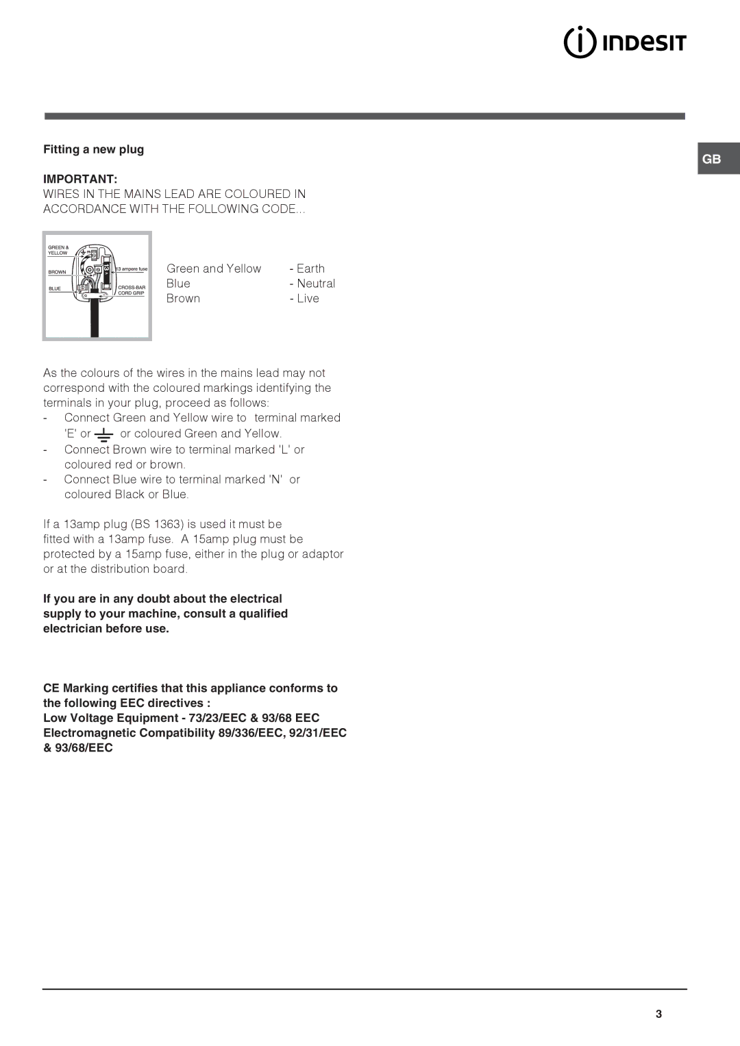 Indesit IN CB 320 A I, IN CB 320 I manual Fitting a new plug 