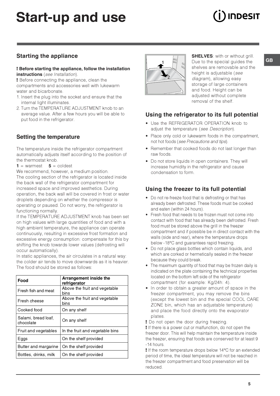 Indesit IN CB 320 A I, IN CB 320 I manual Start-up and use, Starting the appliance, Setting the temperature 