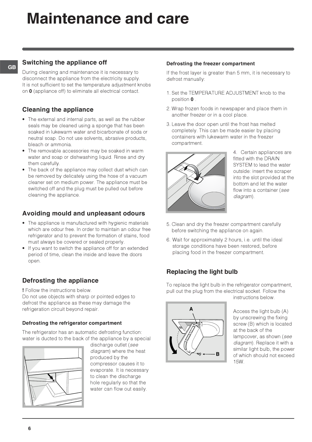 Indesit IN CB 320 I, IN CB 320 A I manual Maintenance and care 