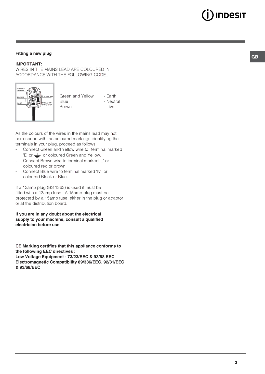 Indesit IN CB 320 A I UK, IN CB 320 I UK manual Fitting a new plug 