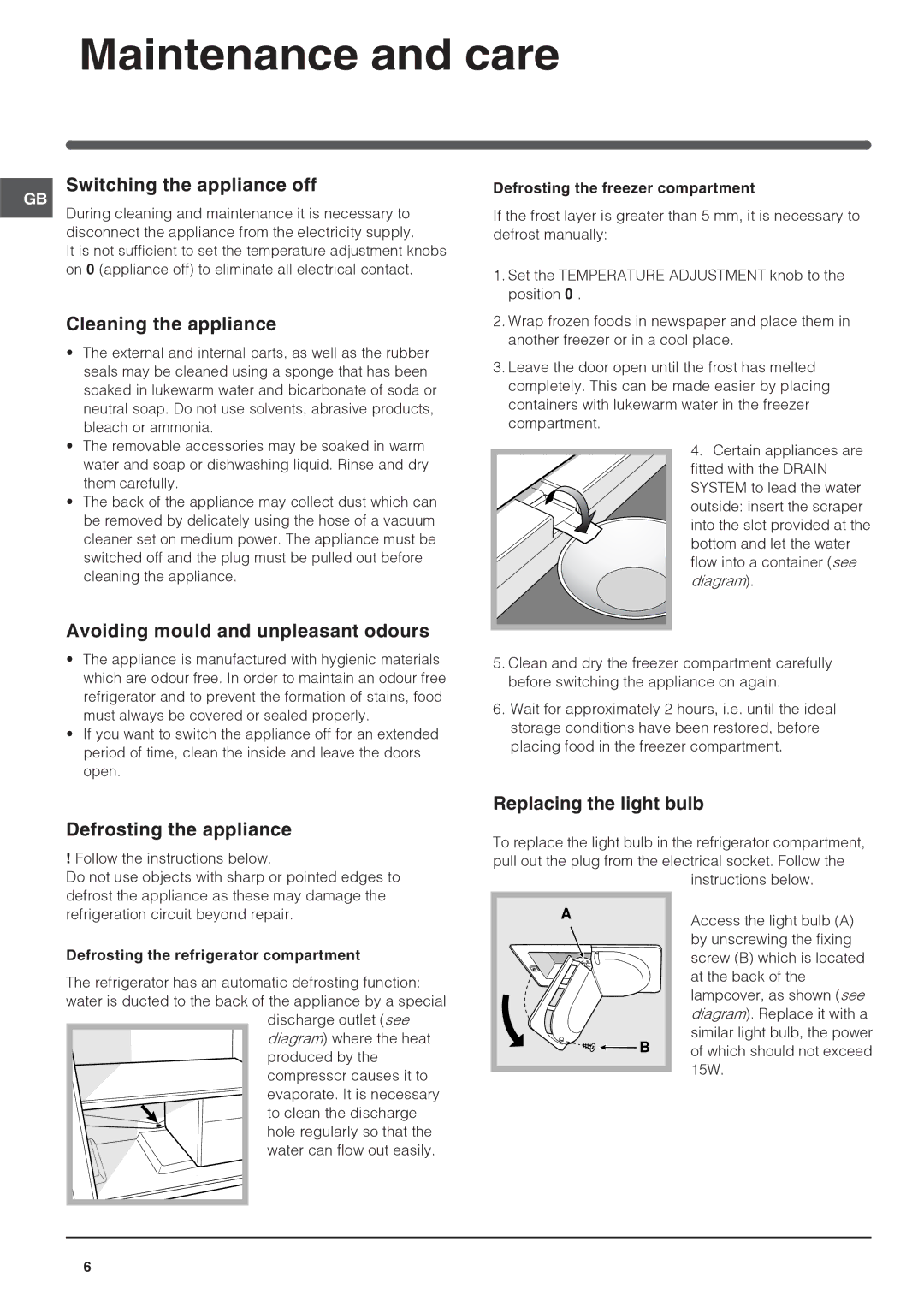 Indesit IN CB 320 I UK, IN CB 320 A I UK manual Maintenance and care 