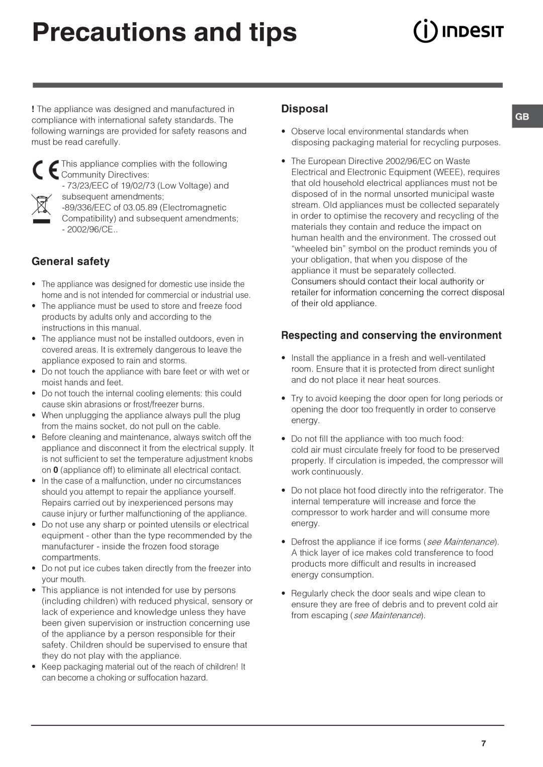 Indesit IN CB 320 A I UK manual Precautions and tips, General safety, Disposal, Respecting and conserving the environment 