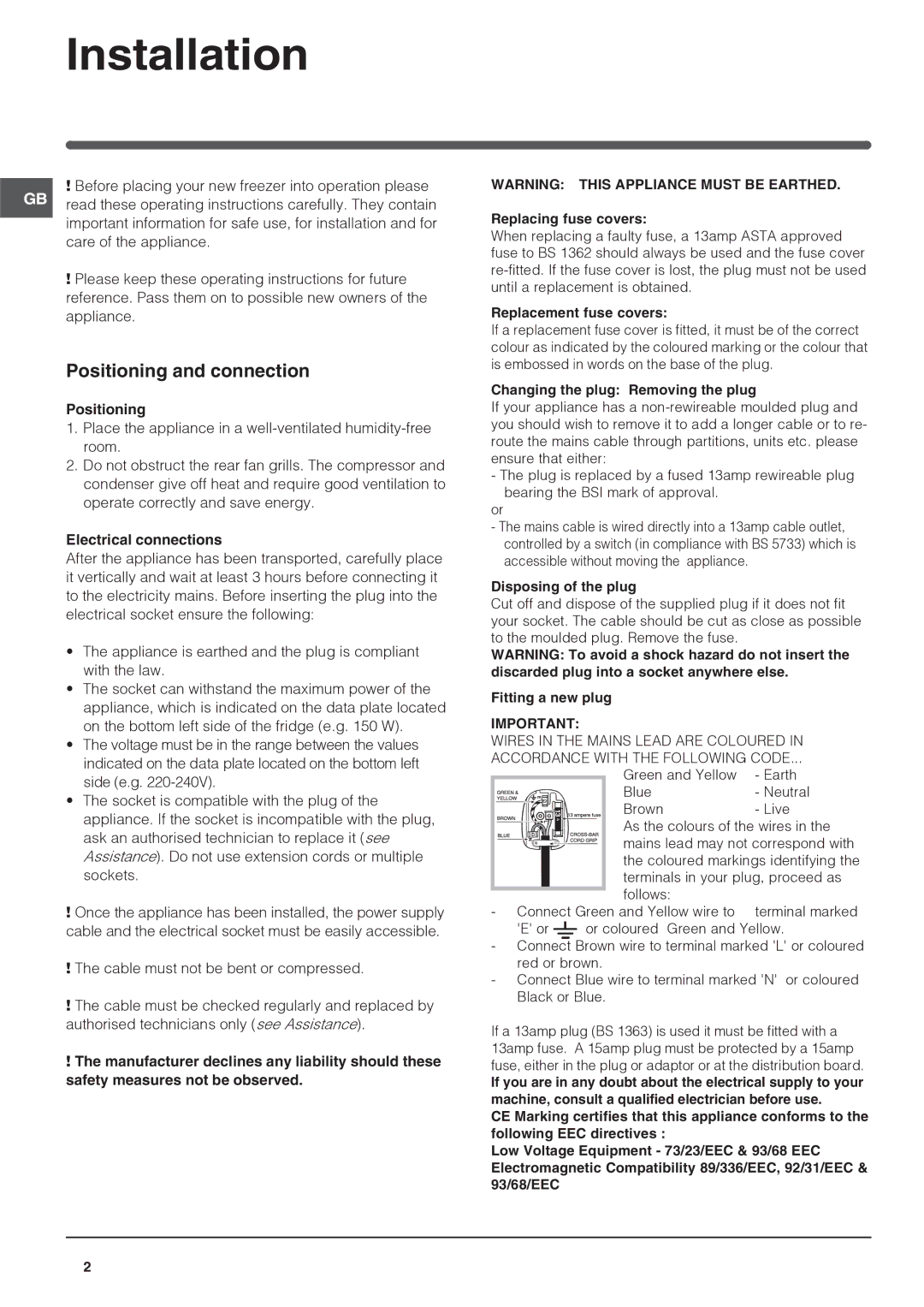 Indesit IN CH 310 AA VE I UK manual Installation, Positioning and connection, Electrical connections 