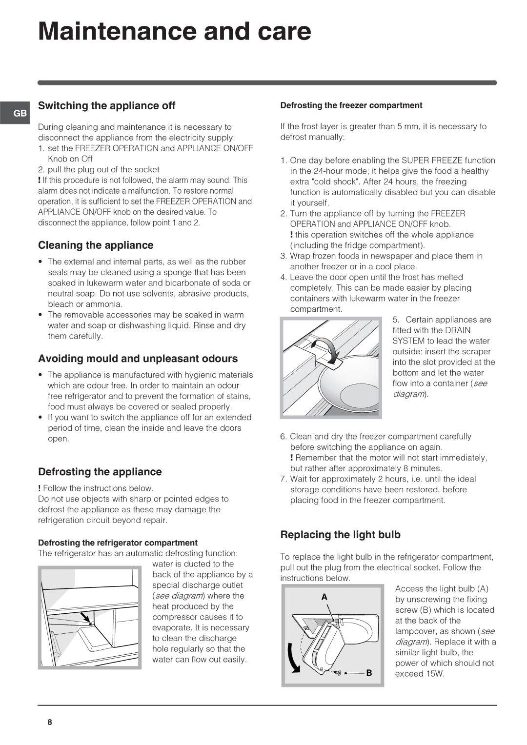 Indesit IN CH 310 AA VE I UK manual Maintenance and care 