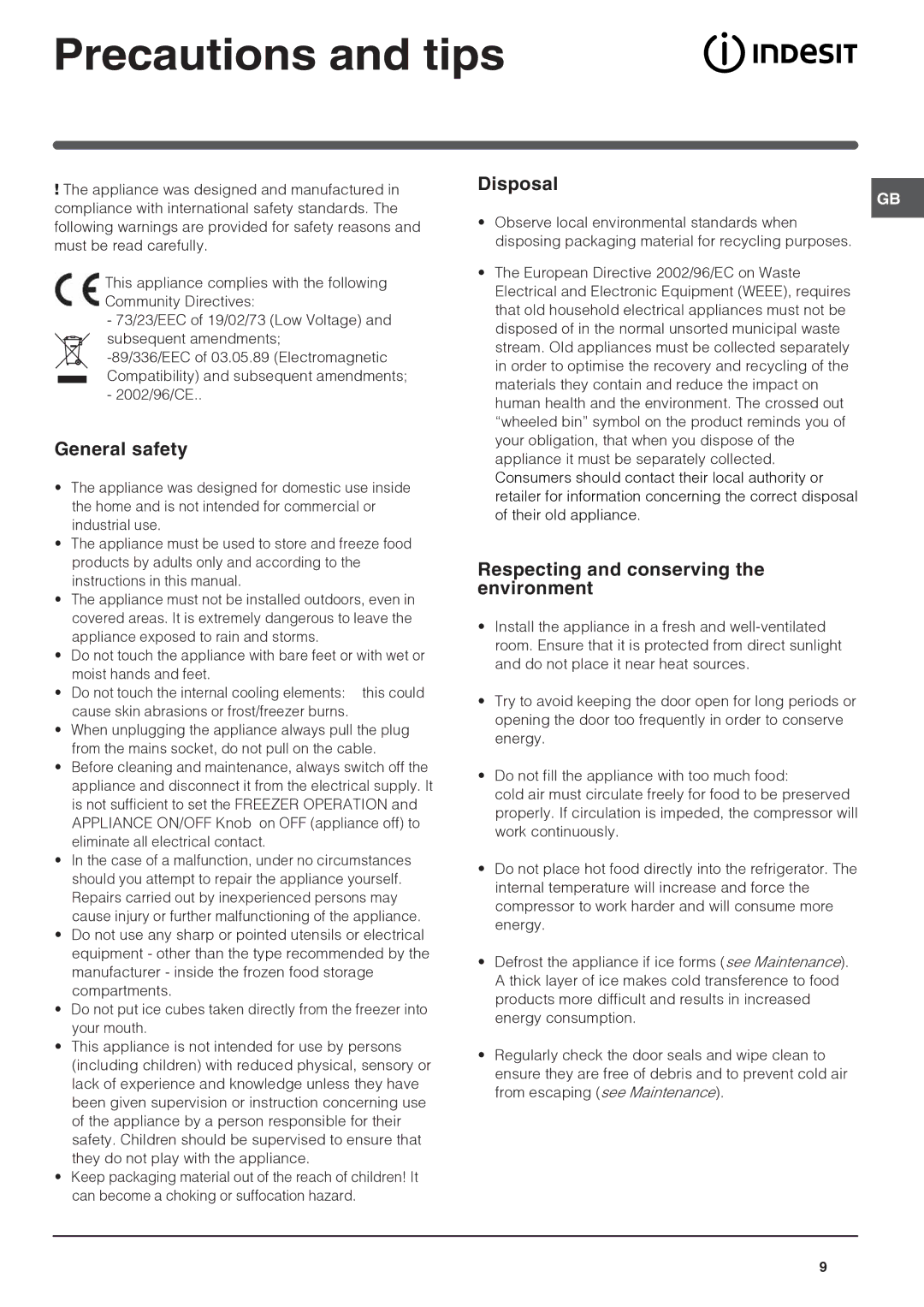 Indesit IN CH 310 AA VE I UK Precautions and tips, General safety, Disposal, Respecting and conserving the environment 