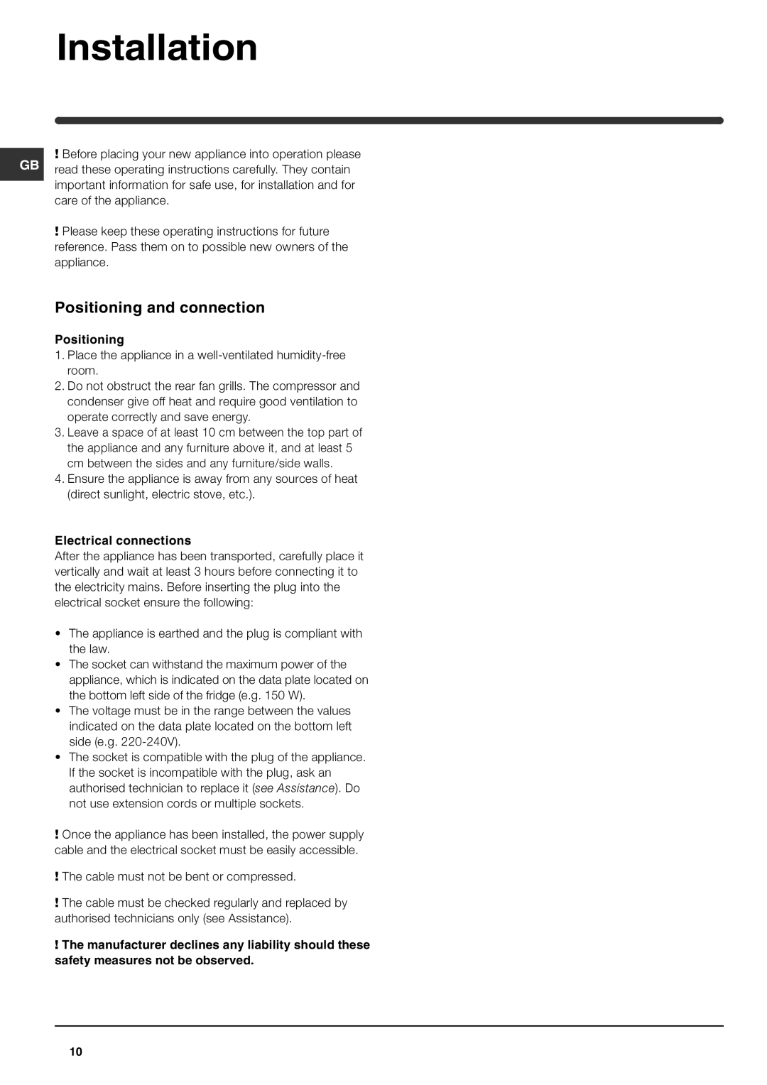 Indesit IN D 2911 S, IN D 2911 D manual Installation, Positioning and connection, Electrical connections 