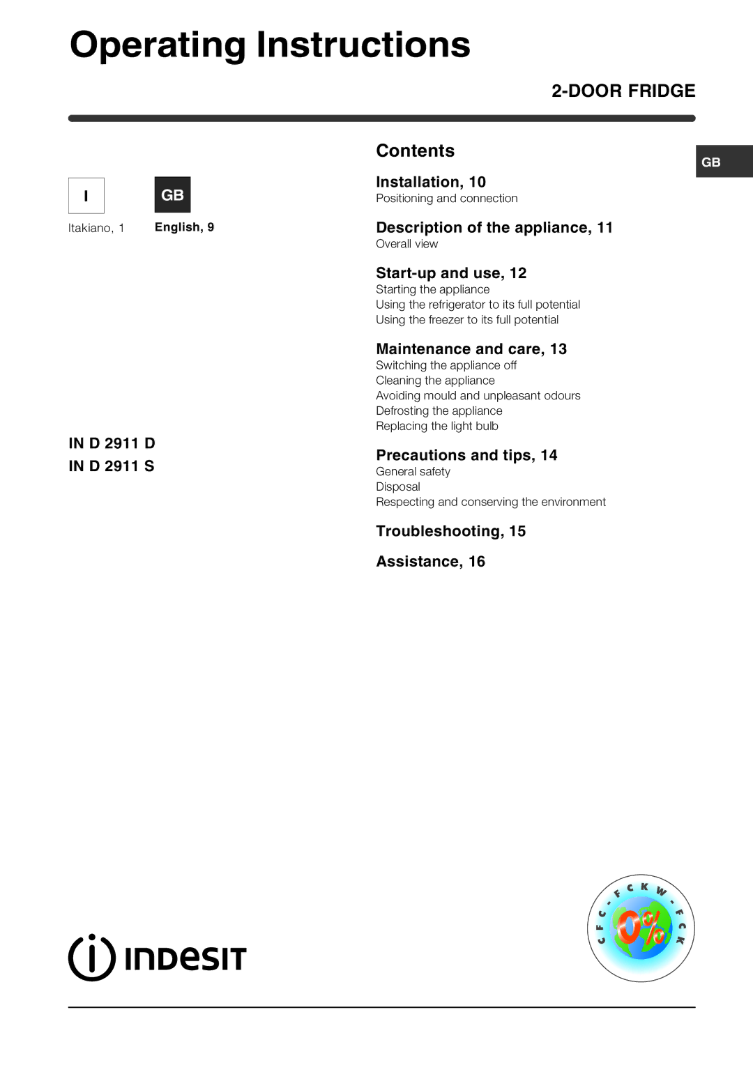 Indesit IN D 2911 D, IN D 2911 S manual Operating Instructions, Door Fridge 