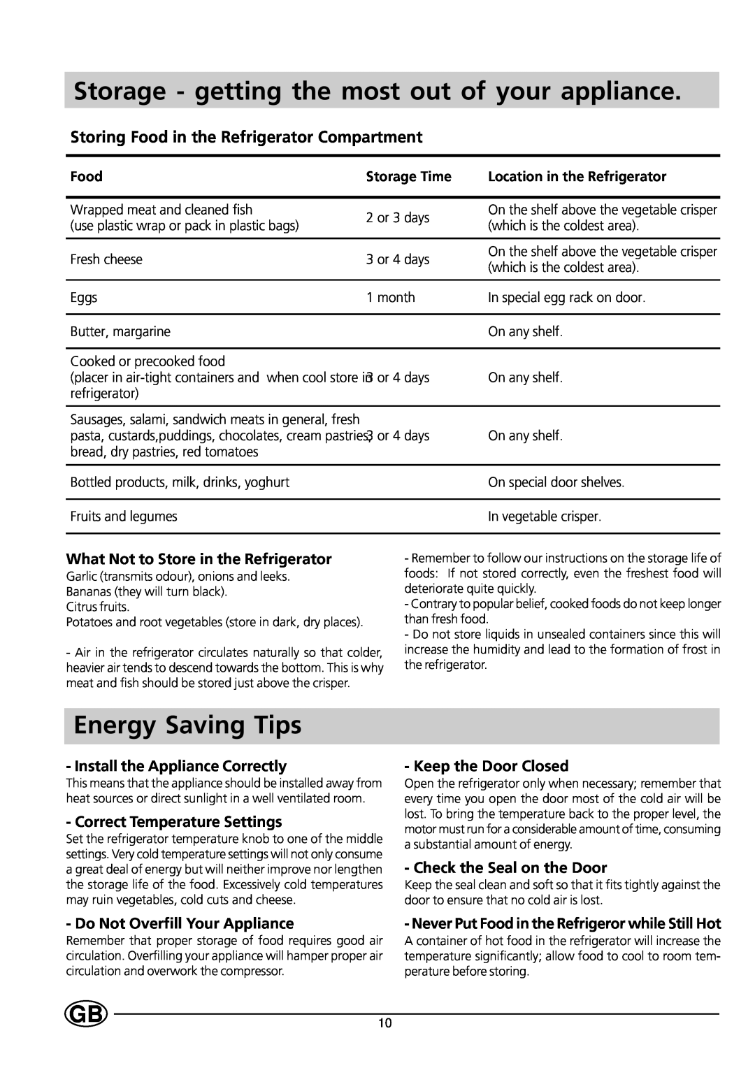 Indesit IN-E 160 G Storage - getting the most out of your appliance, Energy Saving Tips, Install the Appliance Correctly 
