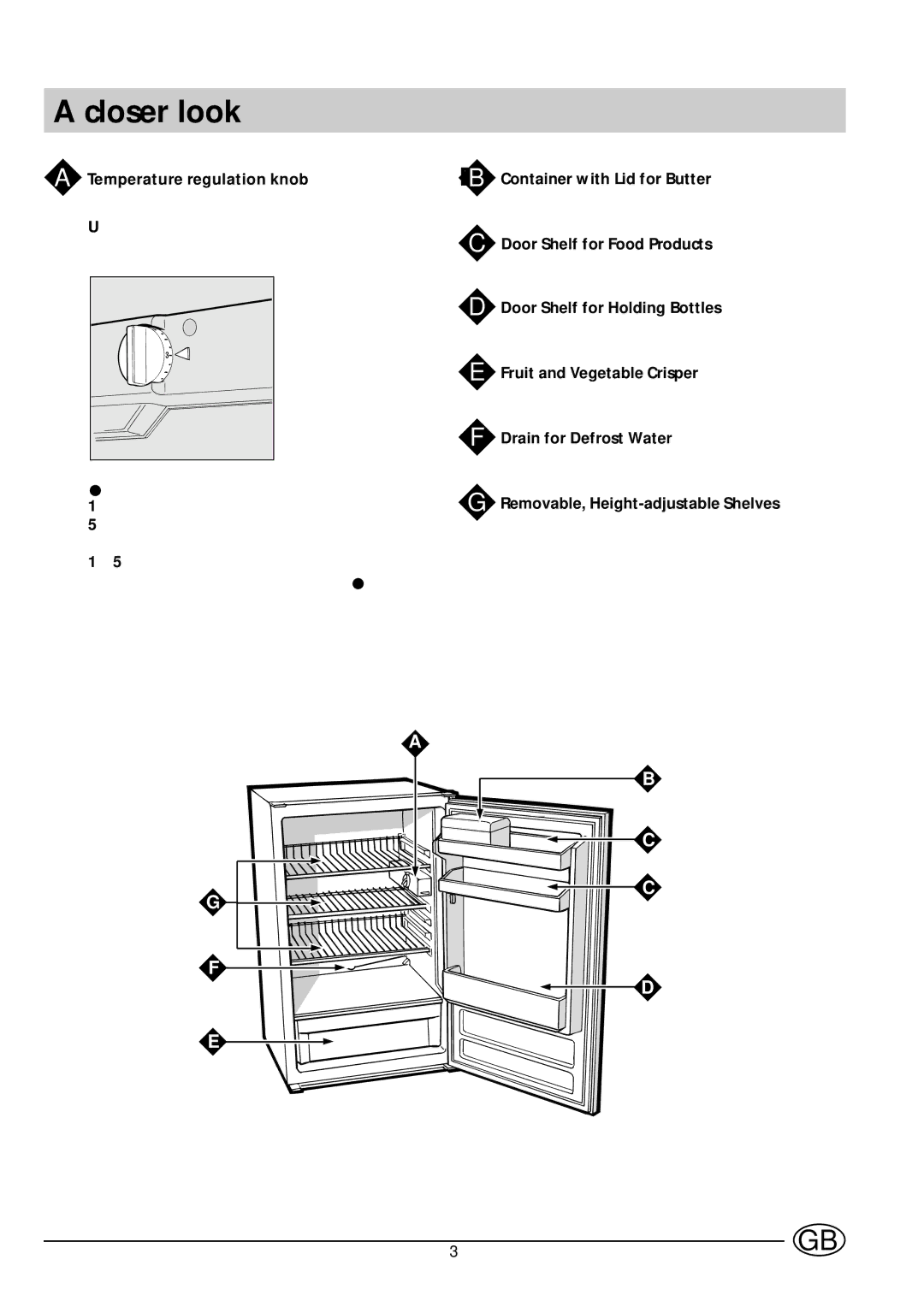 Indesit IN E 160 G UK manual Closer look, Temperature regulation knob, Container with Lid for Butter 