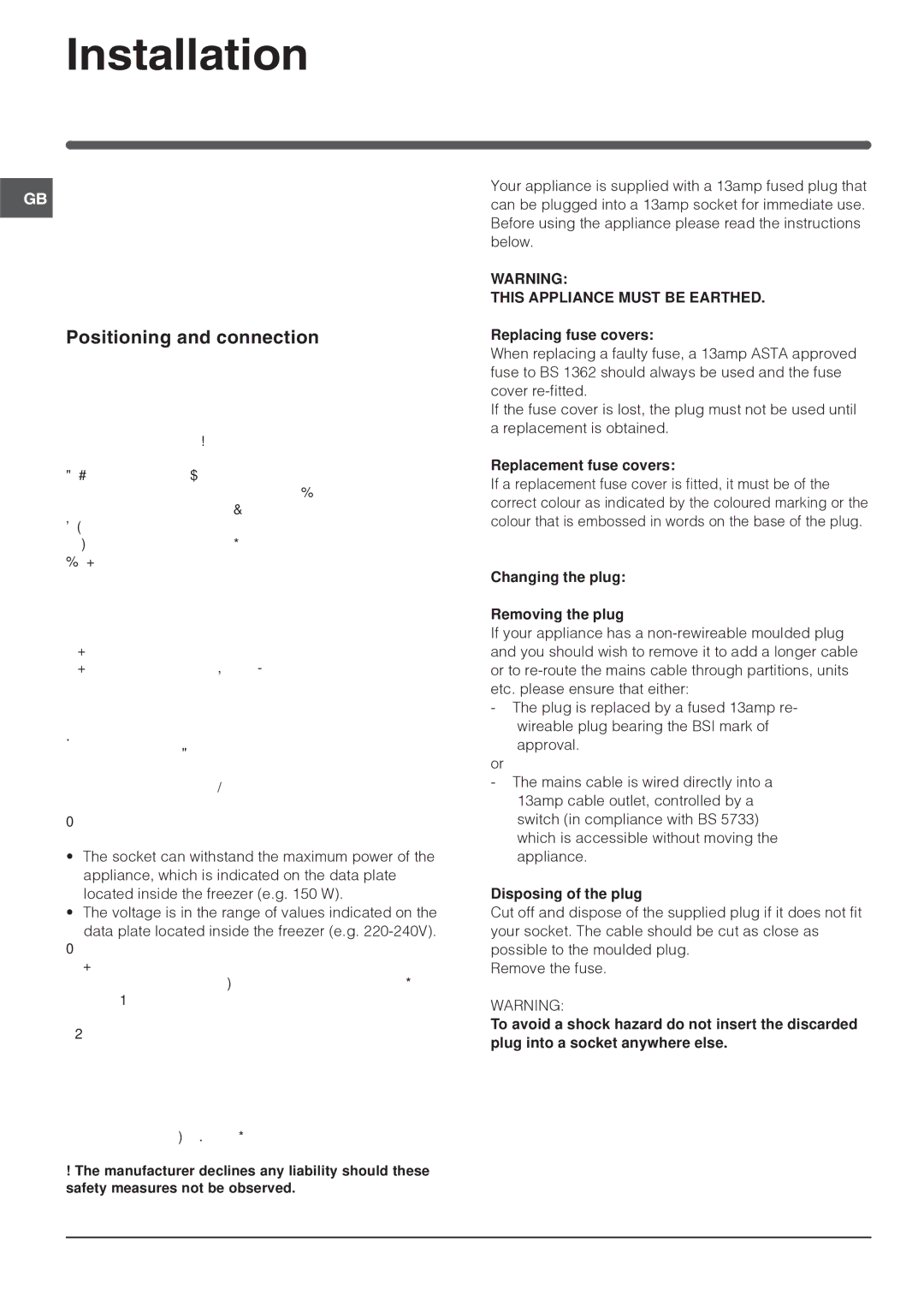 Indesit IN ES 1211 UK manual Installation, Positioning and connection, Levelling, Electrical connections 