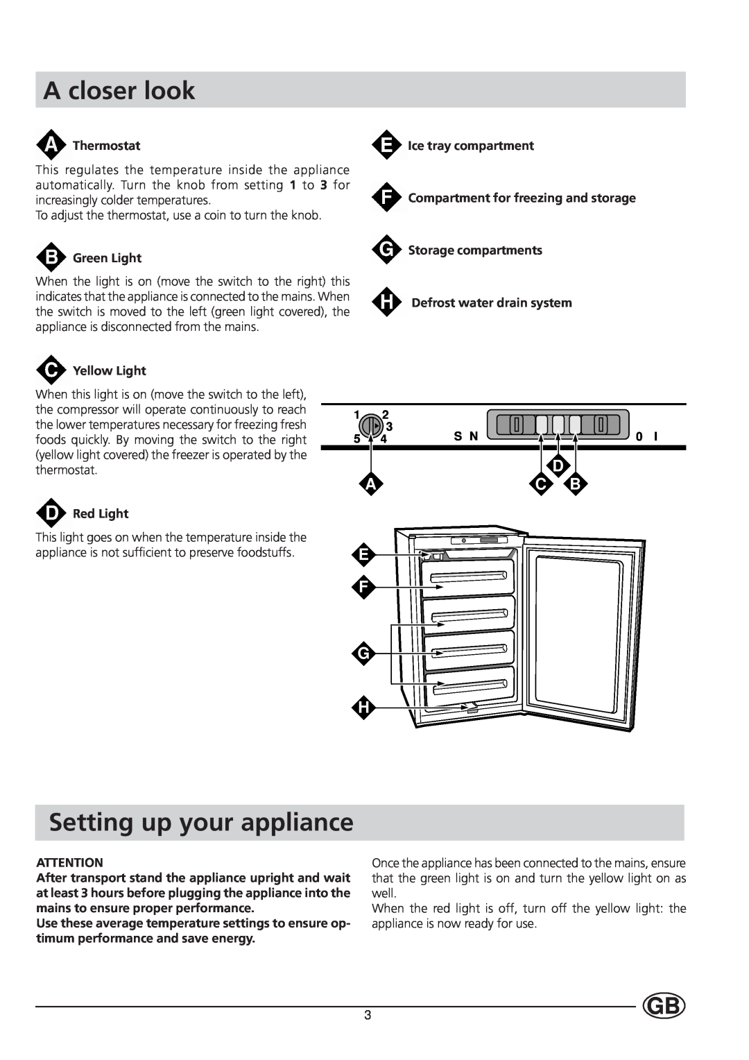 Indesit IN F 140 UK manual A closer look, Setting up your appliance, Thermostat, Green Light, Yellow Light, Red Light 