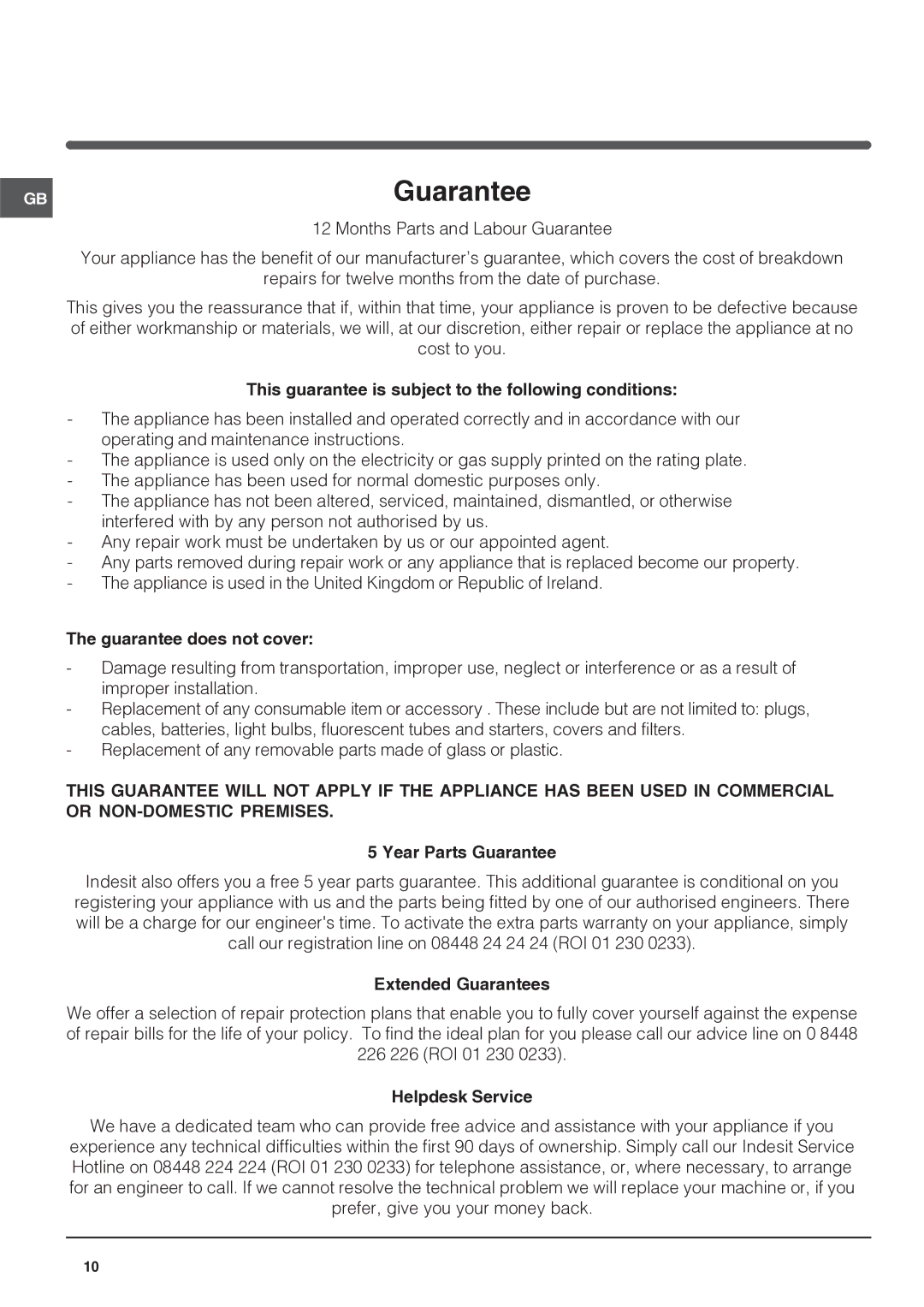 Indesit IN FS 1211 UK operating instructions Guarantee 