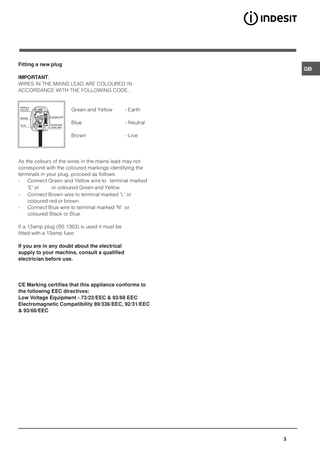 Indesit IN FS 1211 UK operating instructions Fitting a new plug 