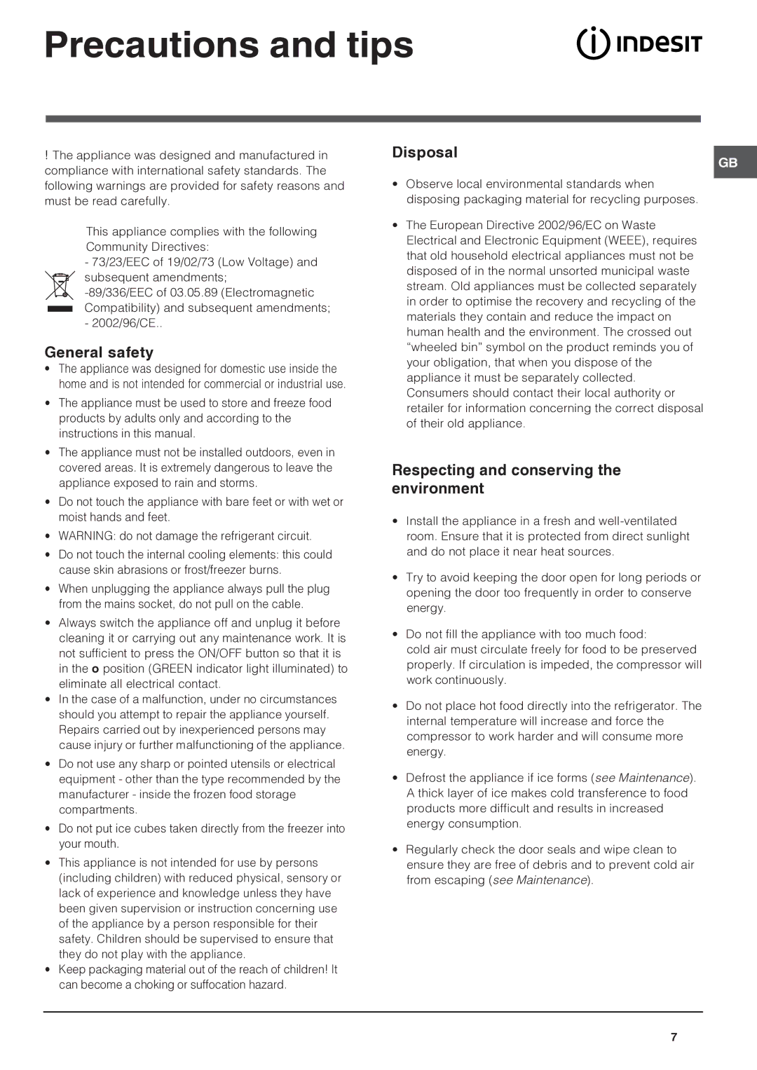 Indesit IN FS 1211 UK Precautions and tips, General safety, Disposal, Respecting and conserving the environment 