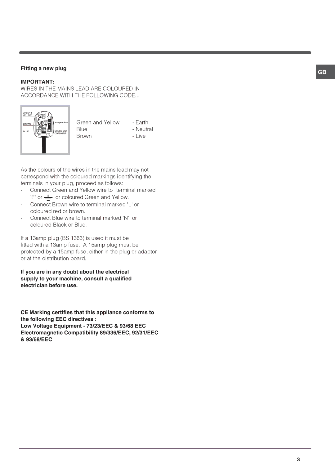 Indesit IN S 1610 UK operating instructions Fitting a new plug 