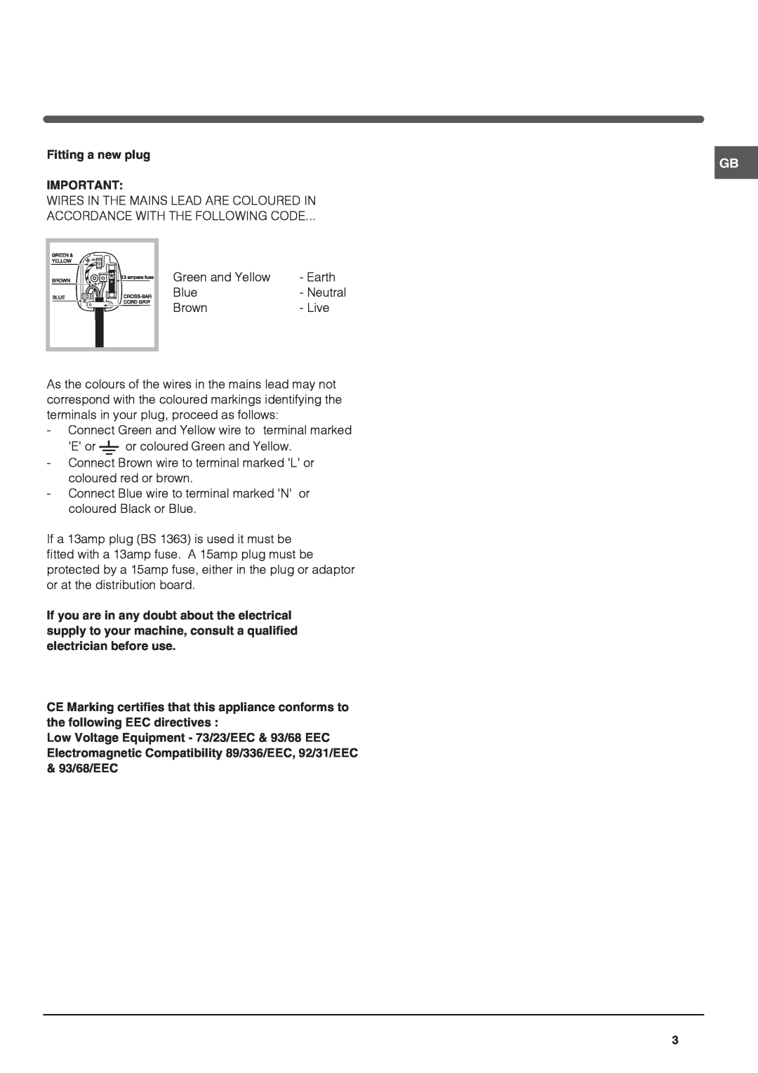 Indesit IN S 1610 UK operating instructions Fitting a new plug 