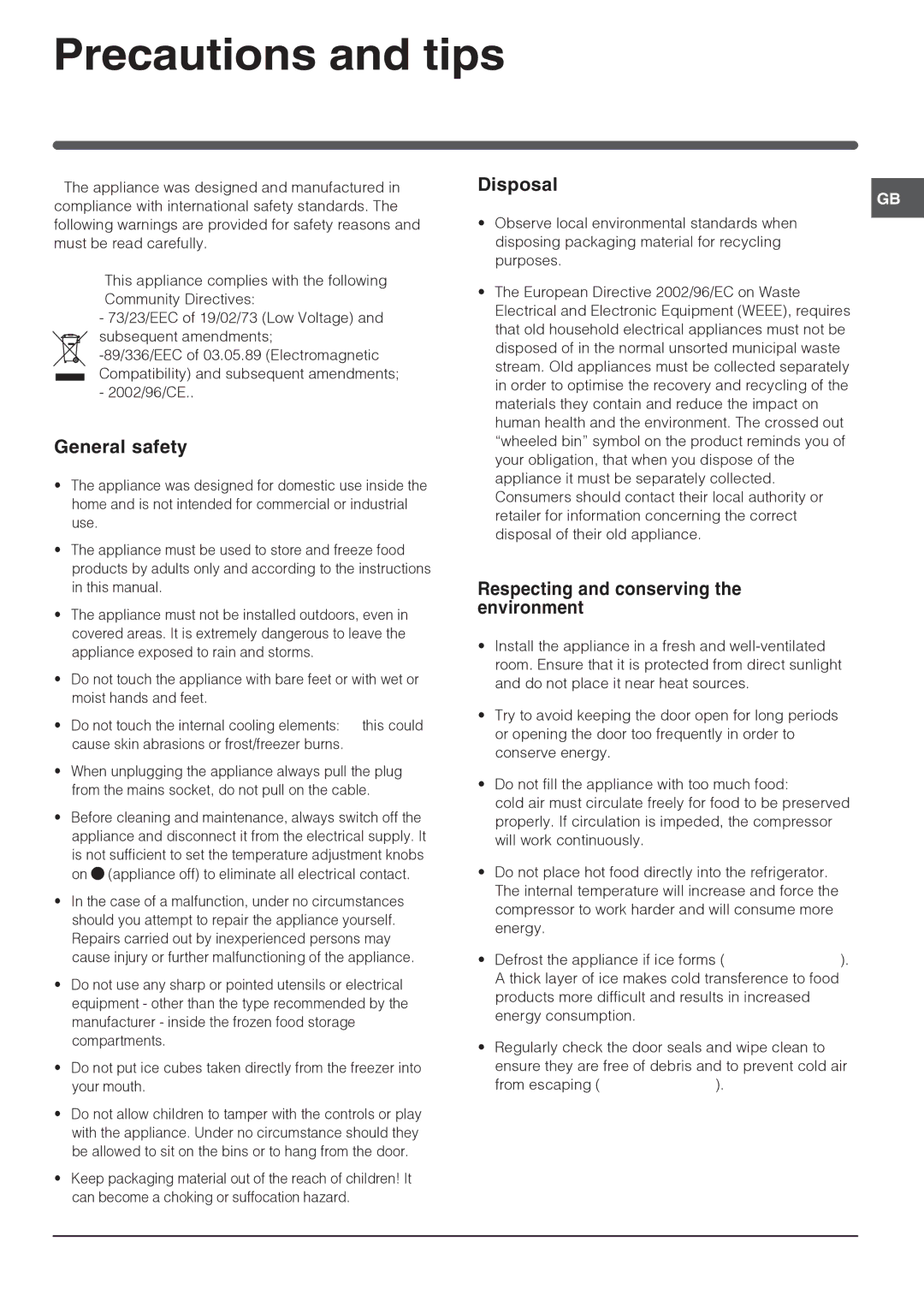 Indesit IN TSZ 1611 UK Precautions and tips, General safety, Disposal, Respecting and conserving the environment 