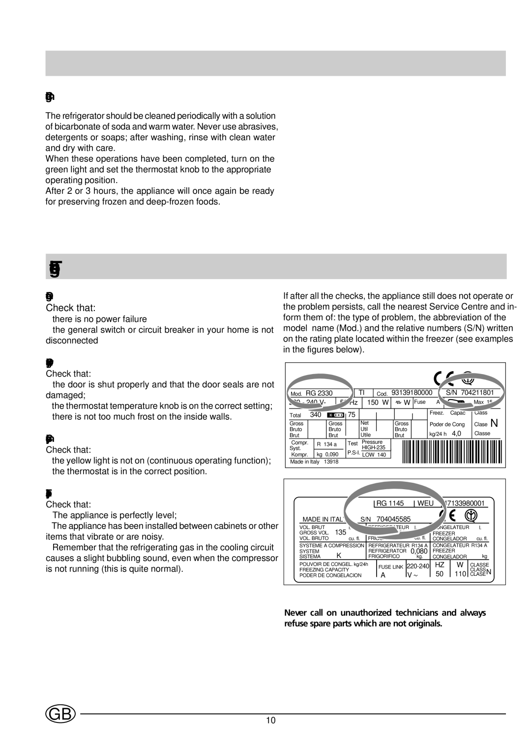 Indesit INF 140 - GF 140 manual Trouble shooting, Cleaning and maintenance 