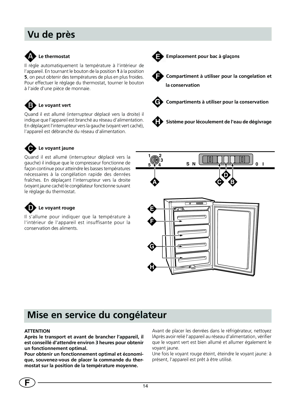 Indesit INF 140 - GF 140 manual Vu de près, Mise en service du congélateur, Le thermostat, Le voyant vert, Le voyant rouge 