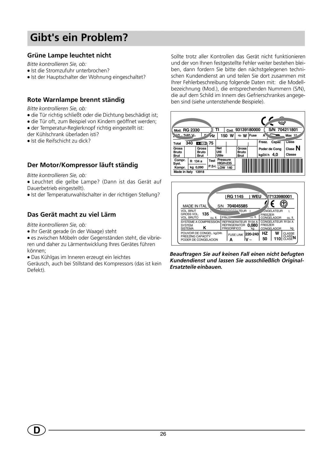 Indesit INF 140 - GF 140 manual Gibts ein Problem?, Grüne Lampe leuchtet nicht, Rote Warnlampe brennt ständig 