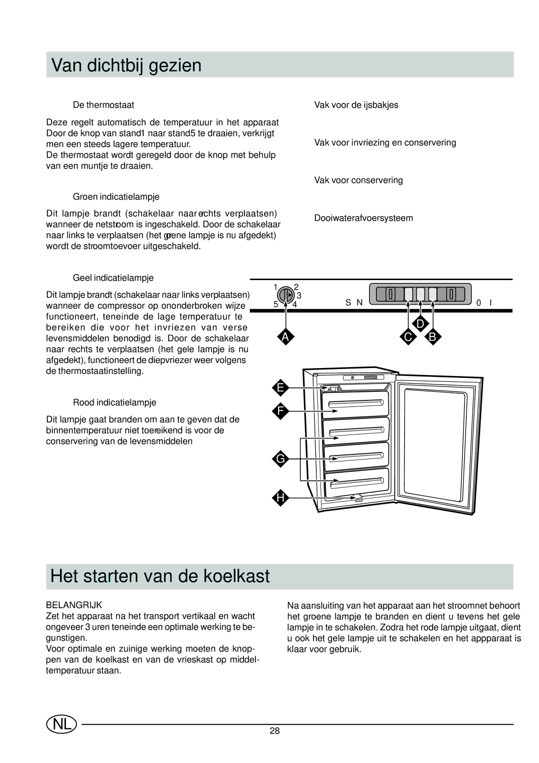 Indesit INF 140 - GF 140 manual Van dichtbij gezien, Het starten van de koelkast, De thermostaat, Groen indicatielampje 