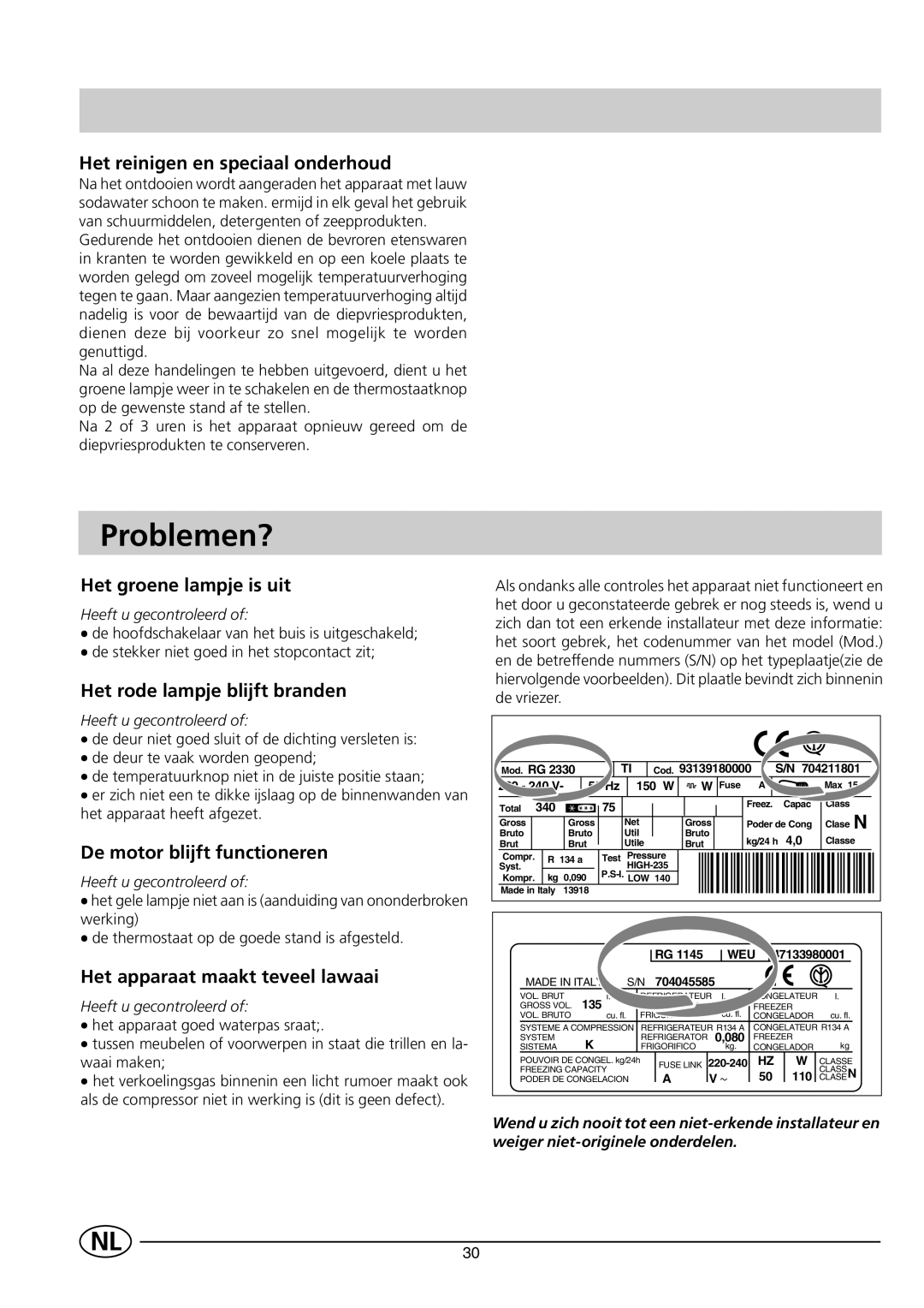 Indesit INF 140 - GF 140 manual Problemen? 