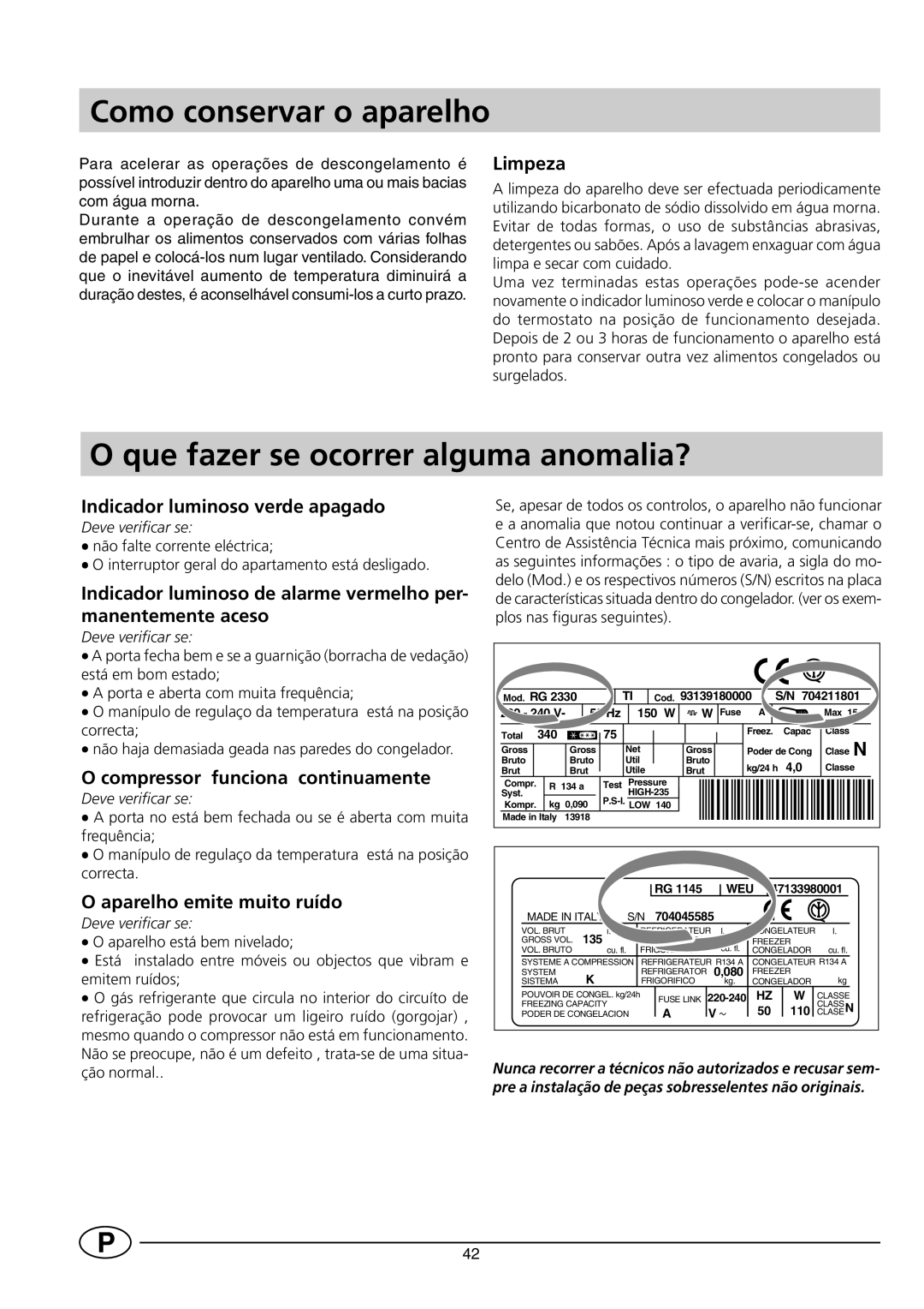 Indesit INF 140 - GF 140 manual Que fazer se ocorrer alguma anomalia?, Limpeza, Indicador luminoso verde apagado 