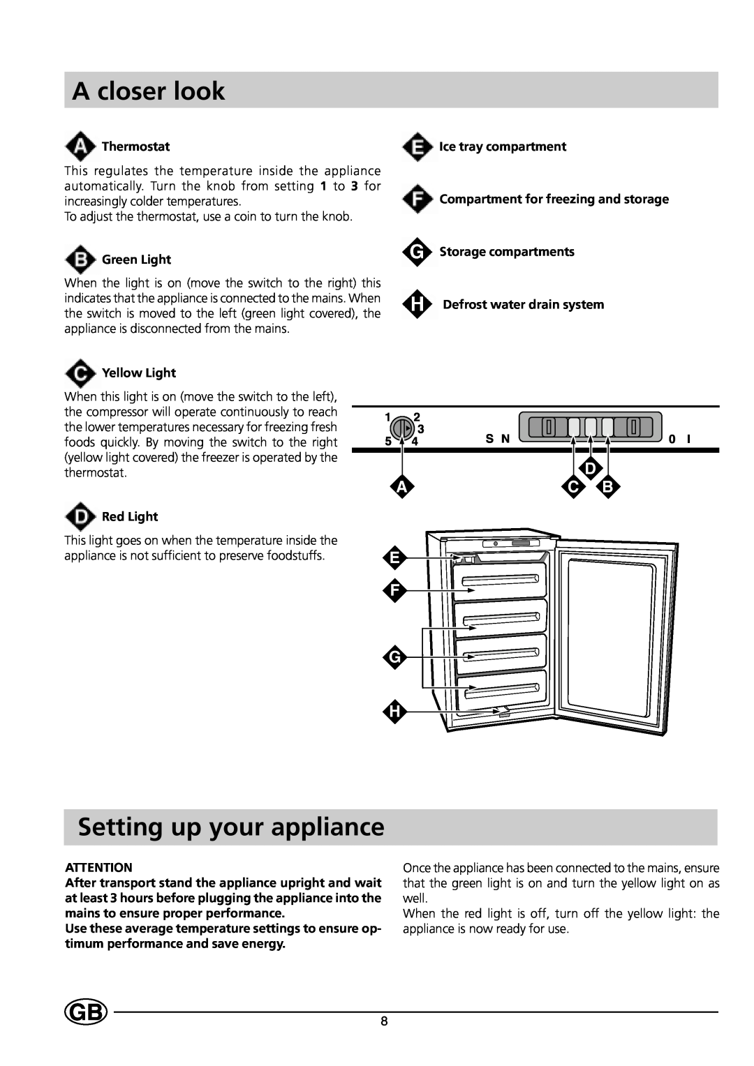 Indesit INF 140 - GF 140 manual A closer look, Setting up your appliance, Thermostat, Green Light, Yellow Light, Red Light 