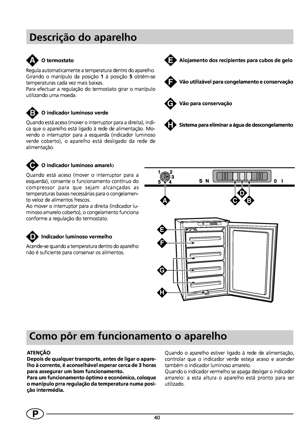 Indesit INF 140 - GF 140 manual Descrição do aparelho, Como pôr em funcionamento o aparelho 