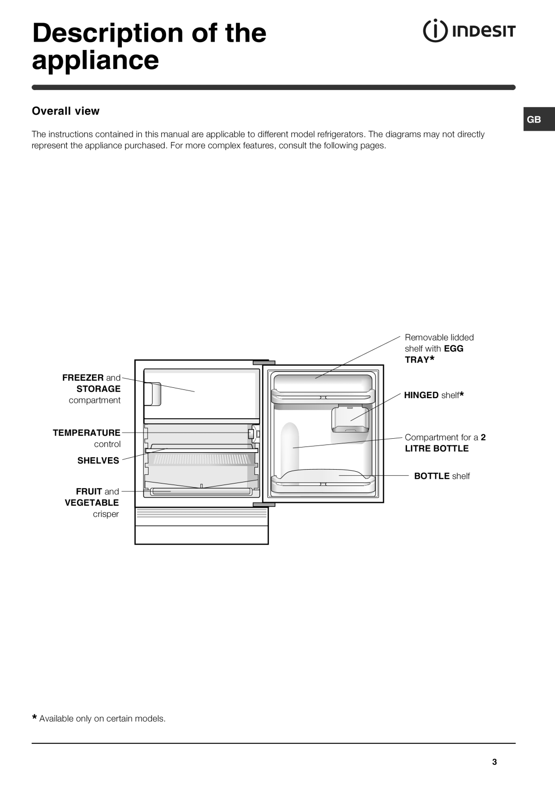 Indesit INTSZ1610UK Description of the appliance, Overall view, FREEZER and, Storage, compartment, Temperature, control 