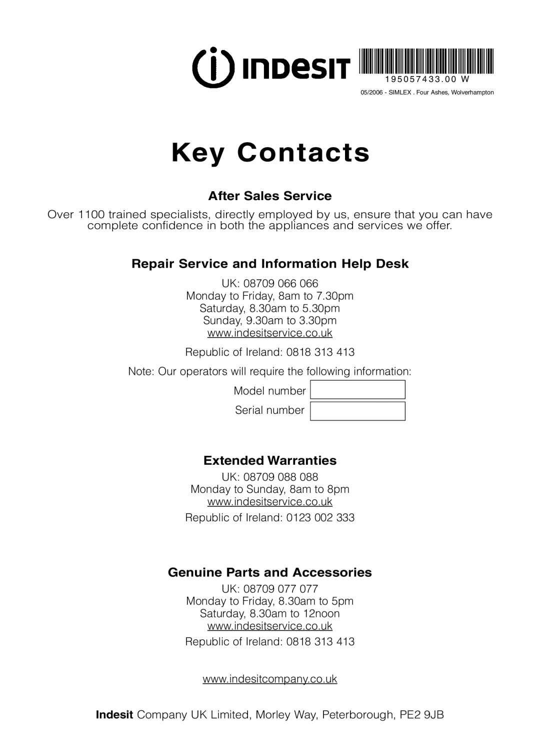 Indesit IS31VS, IS31VU installation instructions Key Contacts 